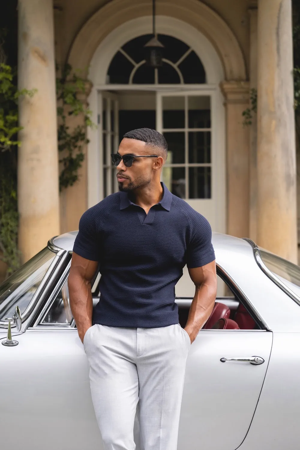 Textured Knitted Open Collar Polo Shirt in Navy Lightweight Knit Material