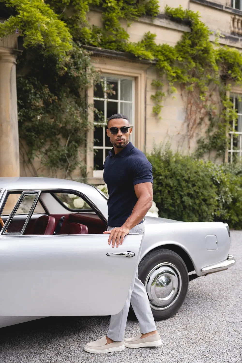 Comfortable apparel WrinkleResistant Finish Textured Knitted Open Collar Polo Shirt in Navy