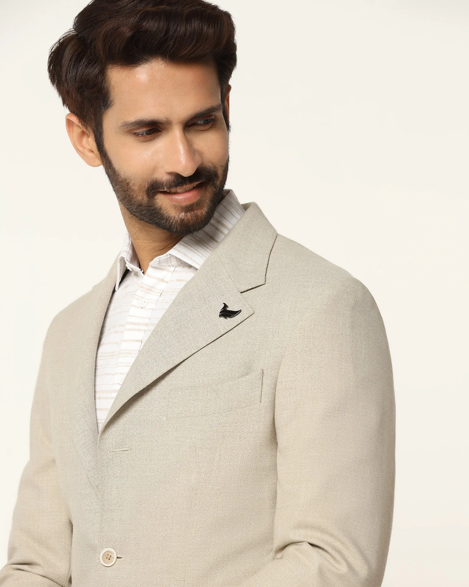 Reinforced Stitching Adjustable Cuffs Formal Beige Textured Blazer - Blanc