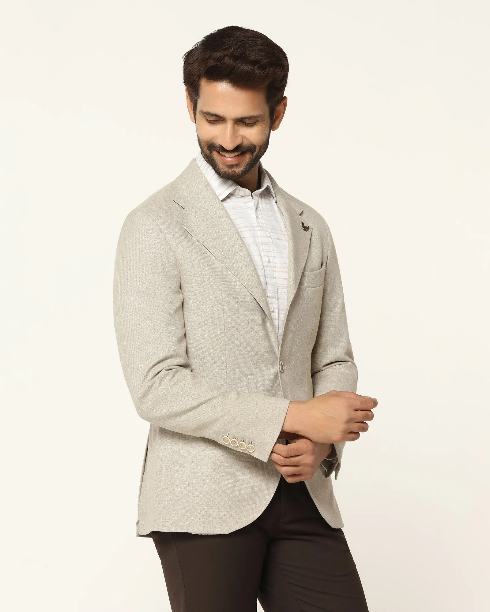 Formal Beige Textured Blazer - Blanc On The Go Layer Outer Chill Piece