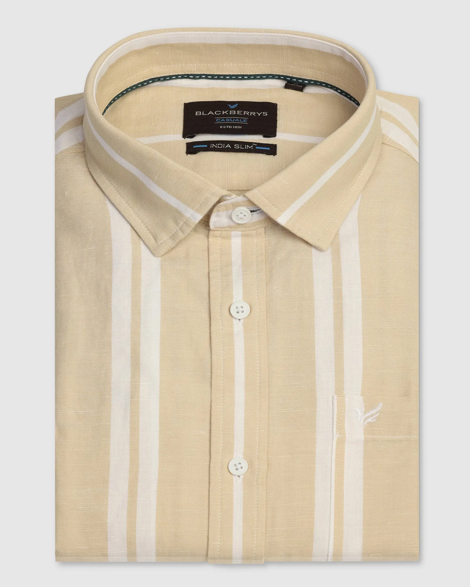 Linen Casual Half Sleeve Yellow Stripe Shirt - breton gender-neutral Soft Touch Fabric