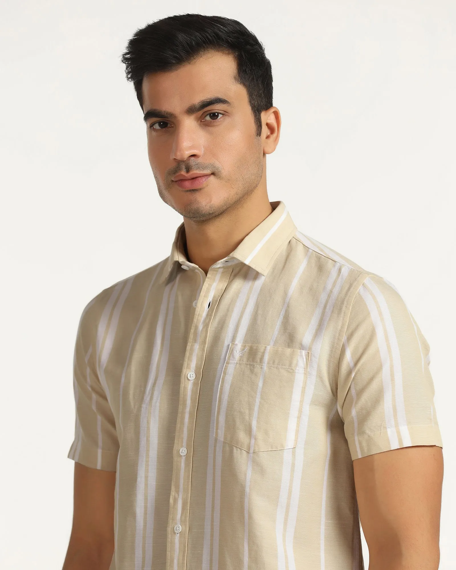 Linen Casual Half Sleeve Yellow Stripe Shirt - breton Sports Ready