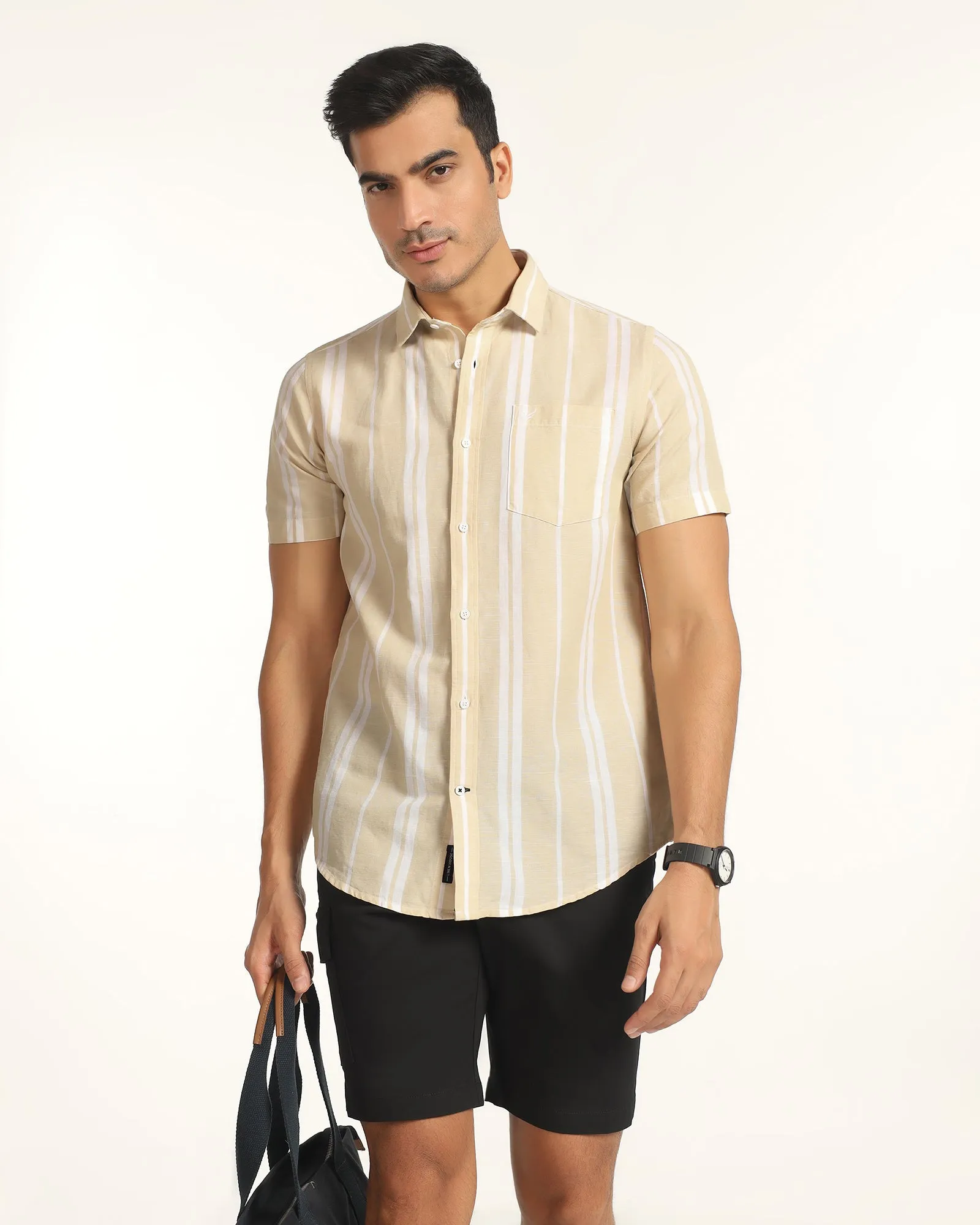 Essential Wardrobe Linen Casual Half Sleeve Yellow Stripe Shirt - breton