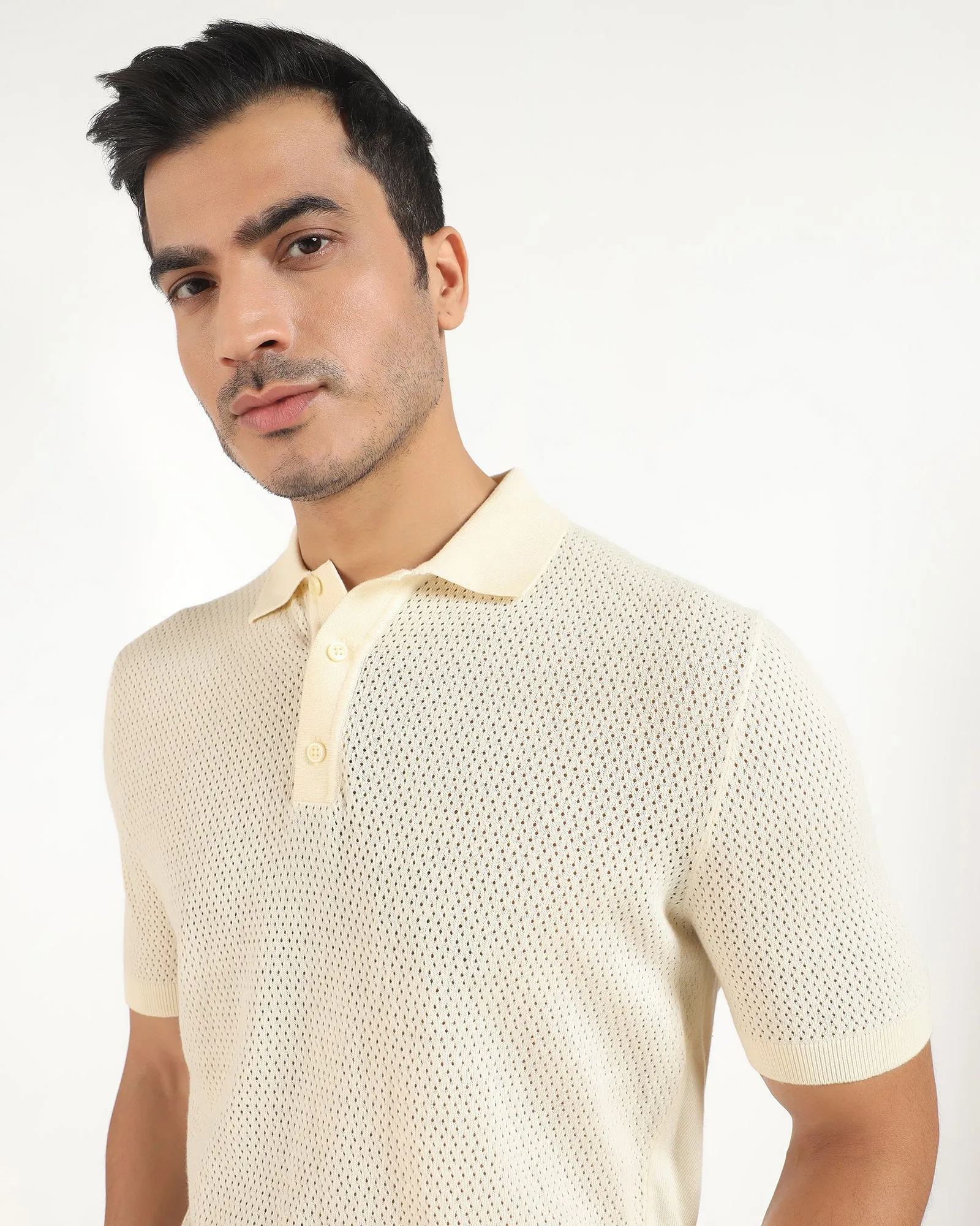 Stylish Choice Classic Top Polo Powder Yellow Textured T-Shirt - Mesh