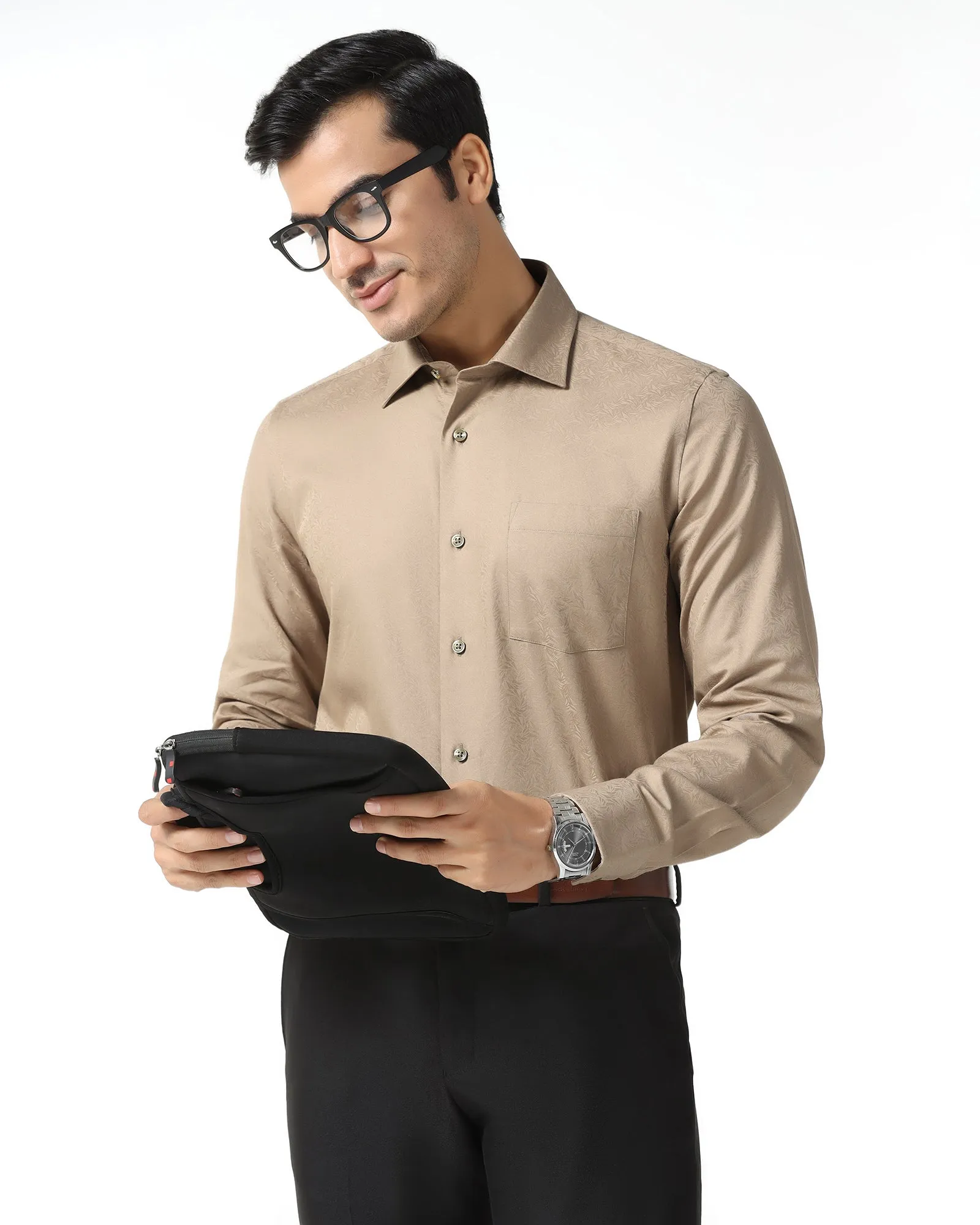 Beige Jacquard Shirt - Romeo Comfort Stretch Day-To-Night Wear