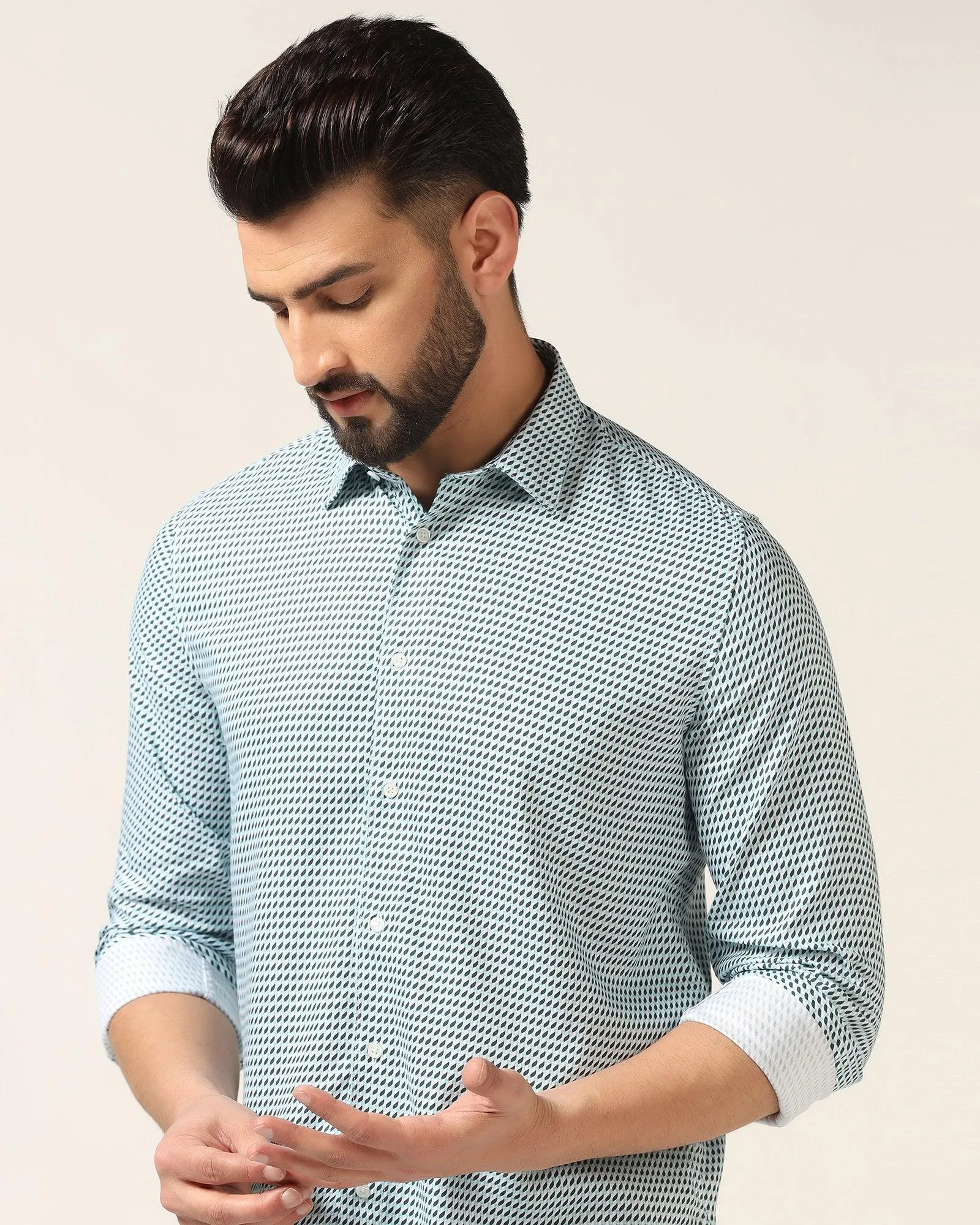 All-Ages Fit Stretchy Cloth Casual Green Printed Shirt - Silver