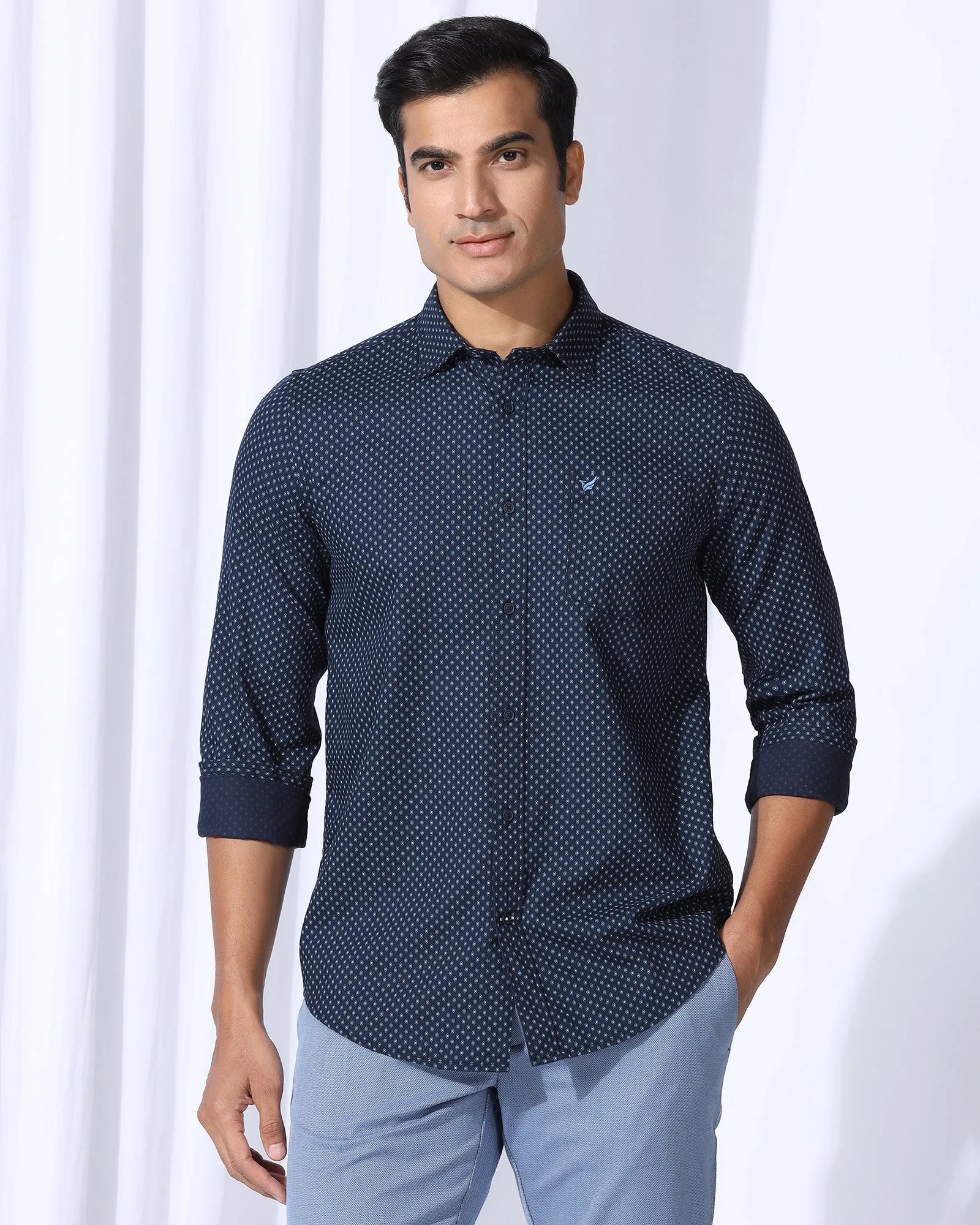 Casual Navy Printed Shirt - Renan Trendy Vibes Twill Weave
