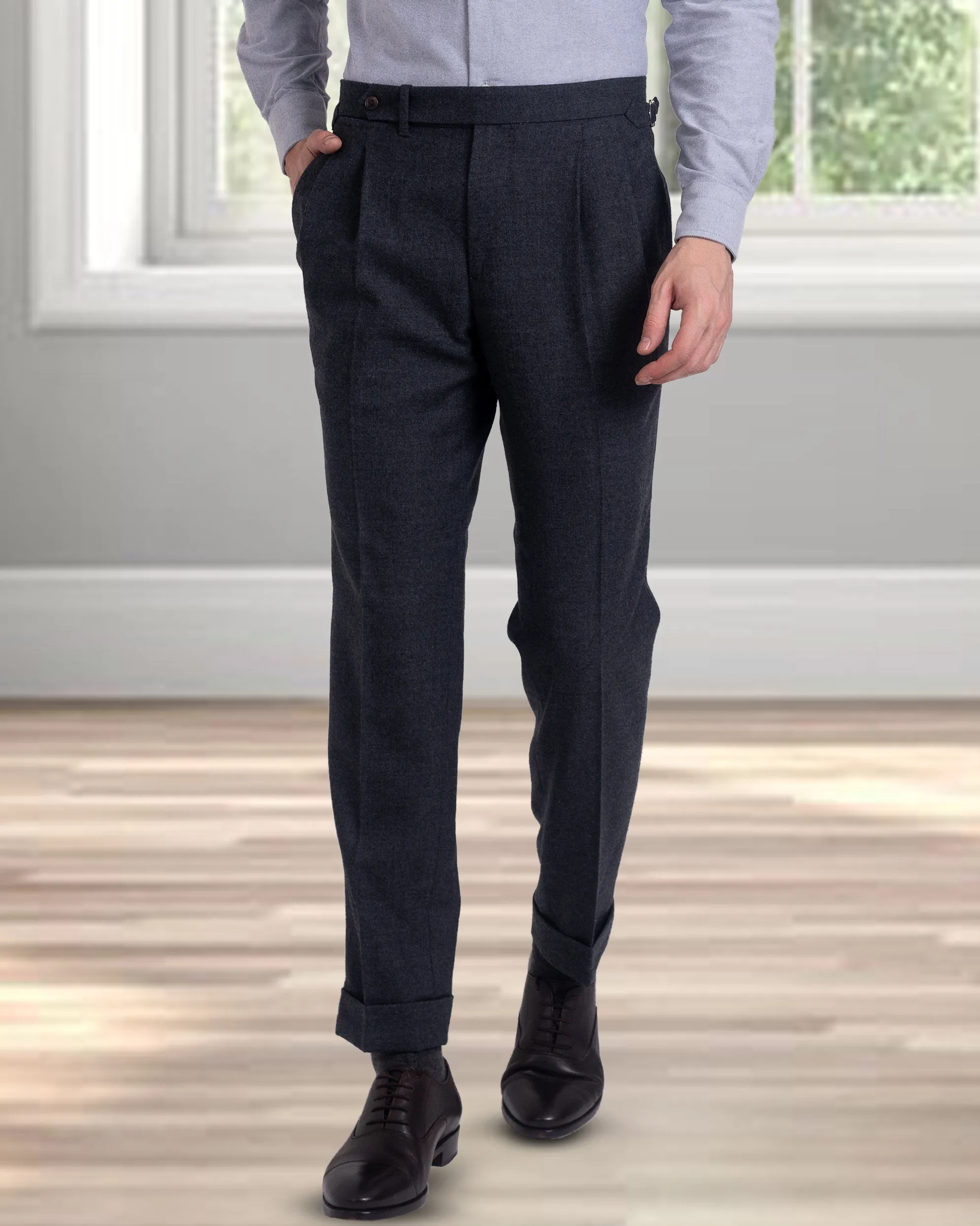 Anti Chafe Lining Athletic Fit Pleated Dugdale Dark Grey Wool Flannel Dress Pant