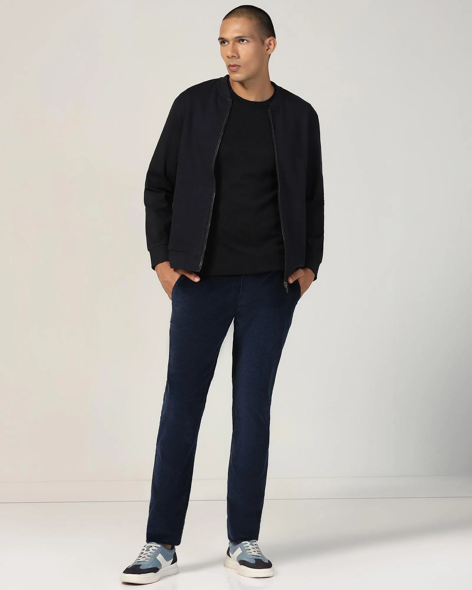 Bomber Neck Navy Solid Sweatshirt - Boris Art Glow Rustic Ease