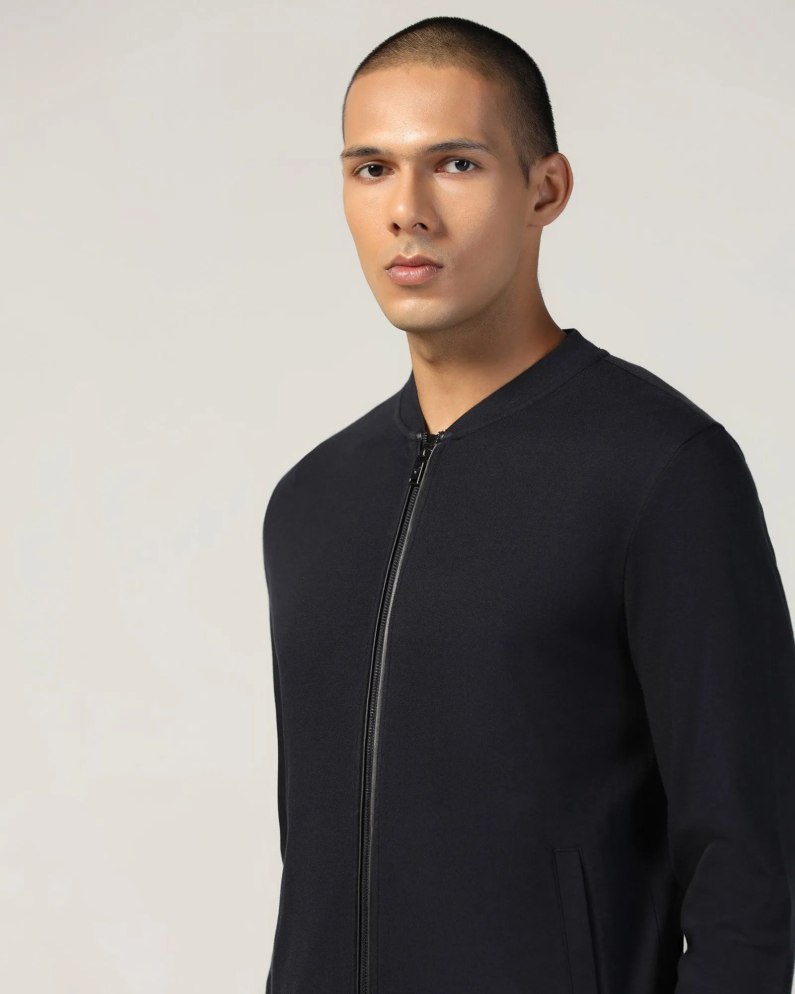 Stylish Fashion Bomber Neck Navy Solid Sweatshirt - Boris