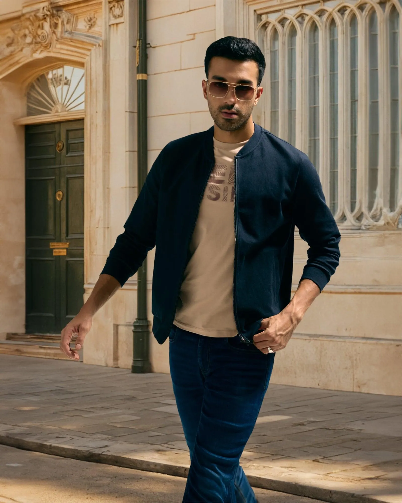 Bomber Neck Navy Solid Sweatshirt - Boris Trendy Sweatpants ReflectiveTrimDetails