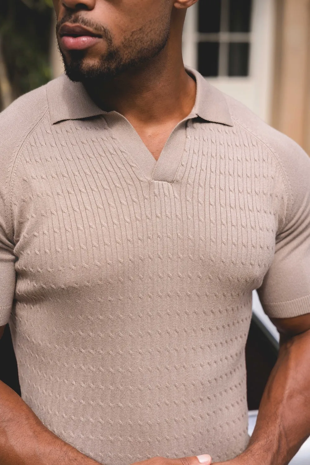 Fine Cable Knitted Polo Shirt in Stone OdorControl Treatment