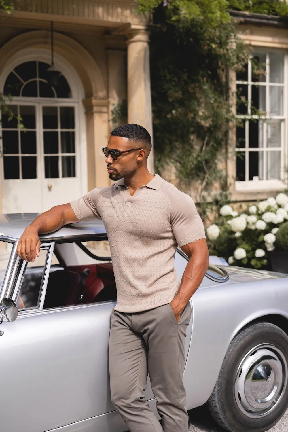 Fine Cable Knitted Polo Shirt in Stone Flexible Fit Double Layer Shoulder