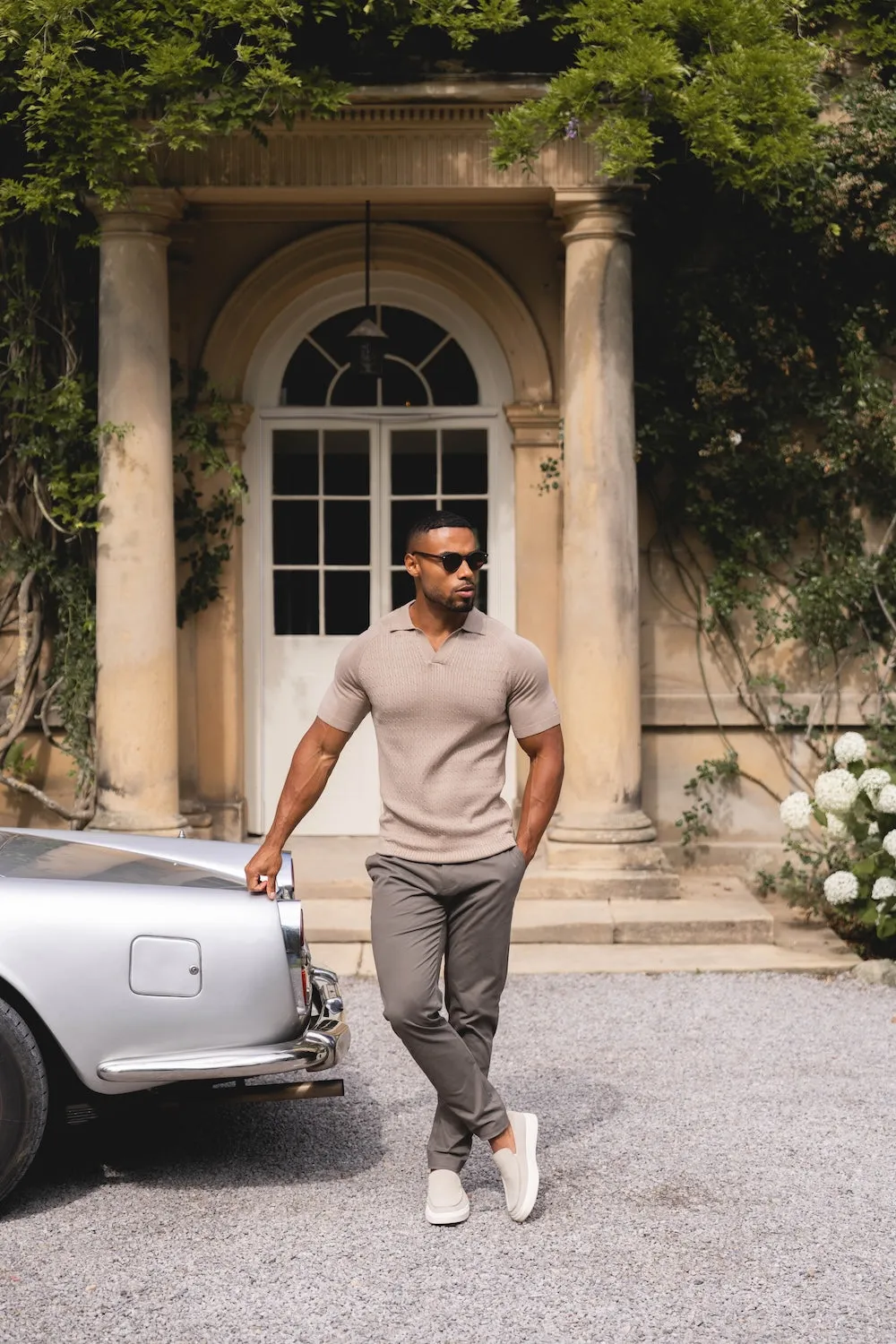 EasyCare Textile Fine Cable Knitted Polo Shirt in Stone