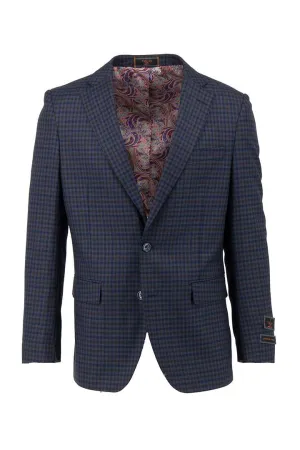 HighCollarDesign Tiglio Luxe Navy and Brown Check Dolcetto Modern Fit, Pure Wool Jacket TL7549