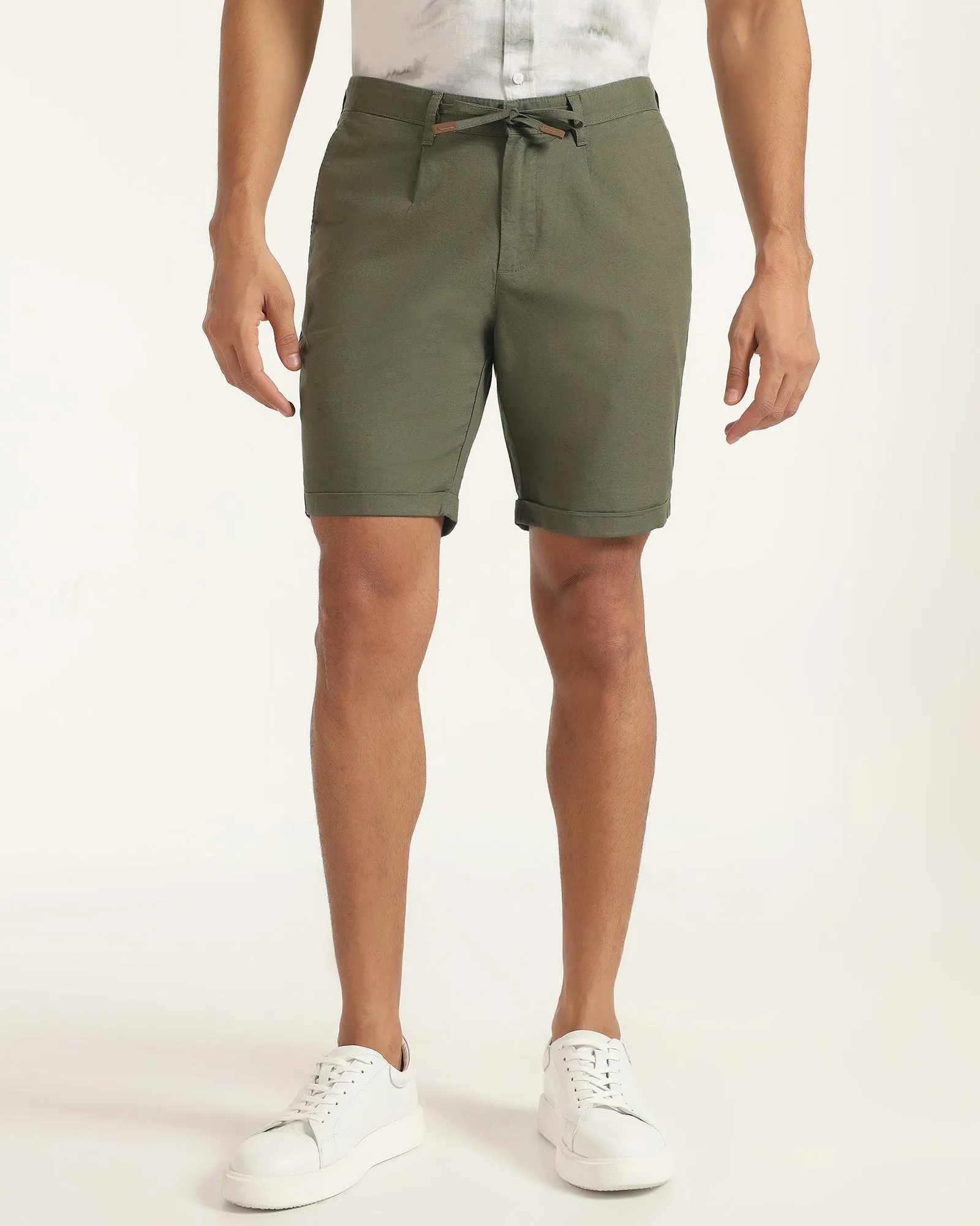 Linen Casual Olive Solid Shorts - Kat Reinforced Seams
