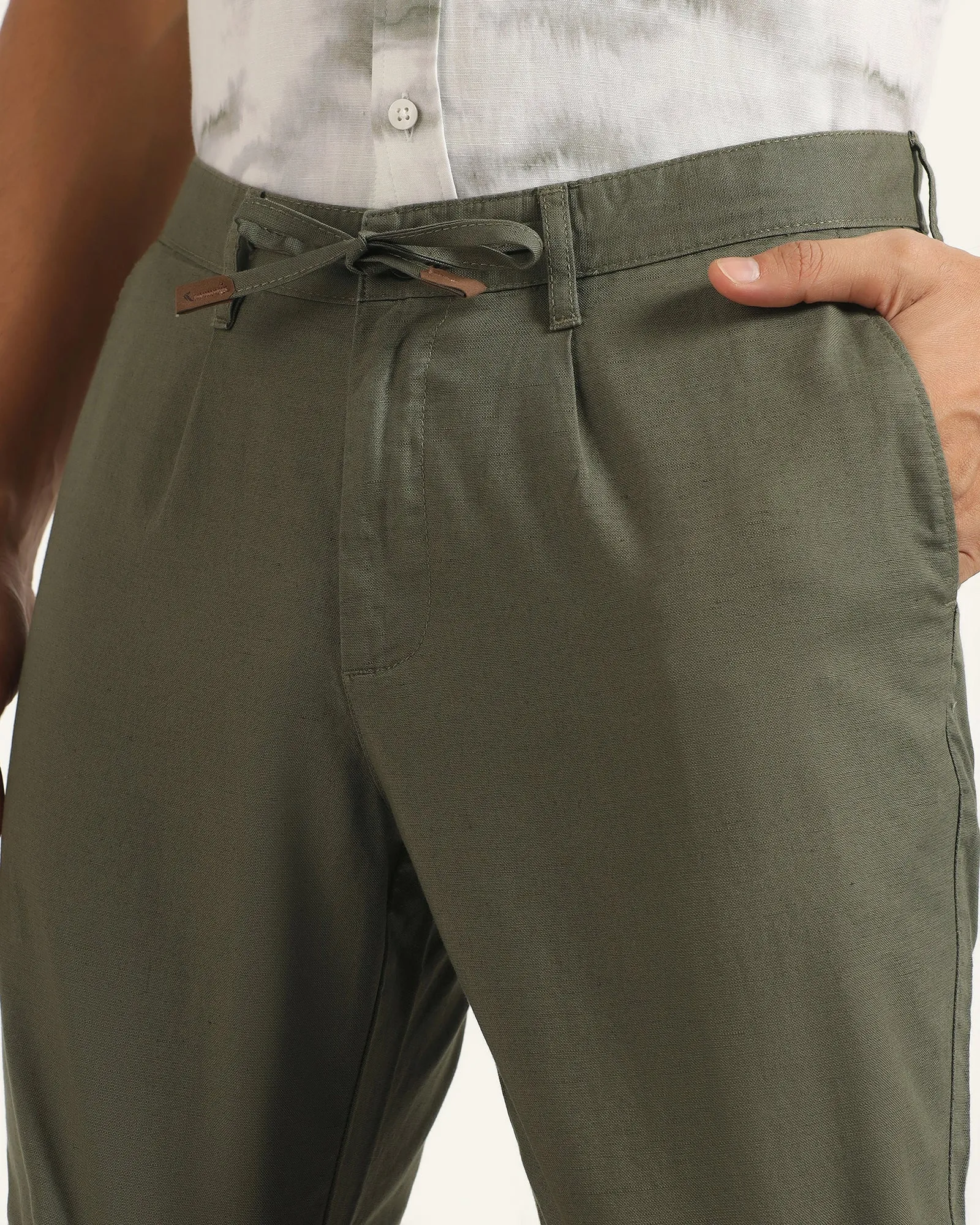 Lace trim Airy Feel Linen Casual Olive Solid Shorts - Kat