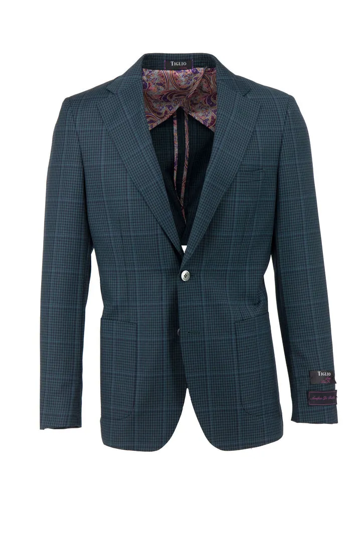 Tiglio Luxe Green and Black Mini Check with Windowpane Veneto/THP Slim Fit half lined, Pure Wool Jacket TL3310 Moisture Wicking Lining