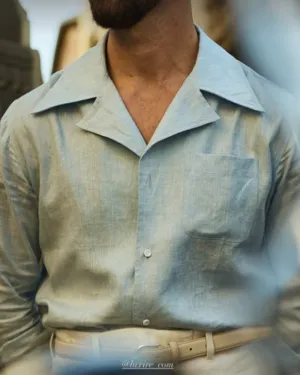 Slim Fit Jeans Summer Camp Collar Shirt in Sky Blue Linen