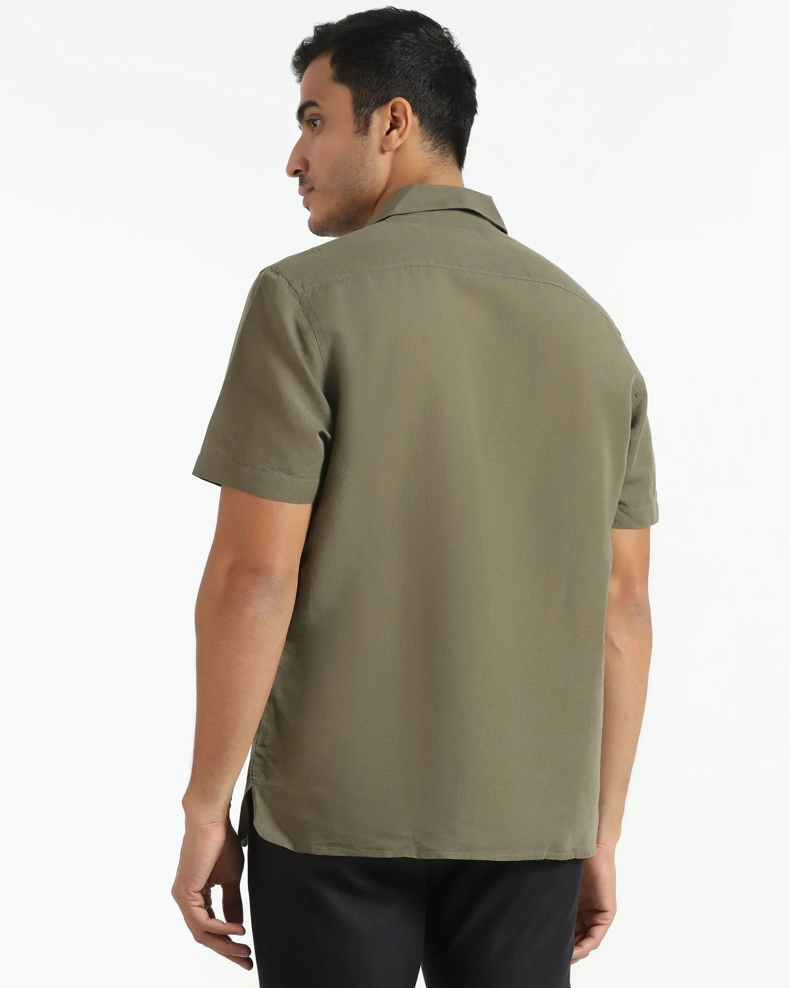 Olive Linen Half Sleeve Solid Shirt - Maison decorative element Flexible Shoulder Panels
