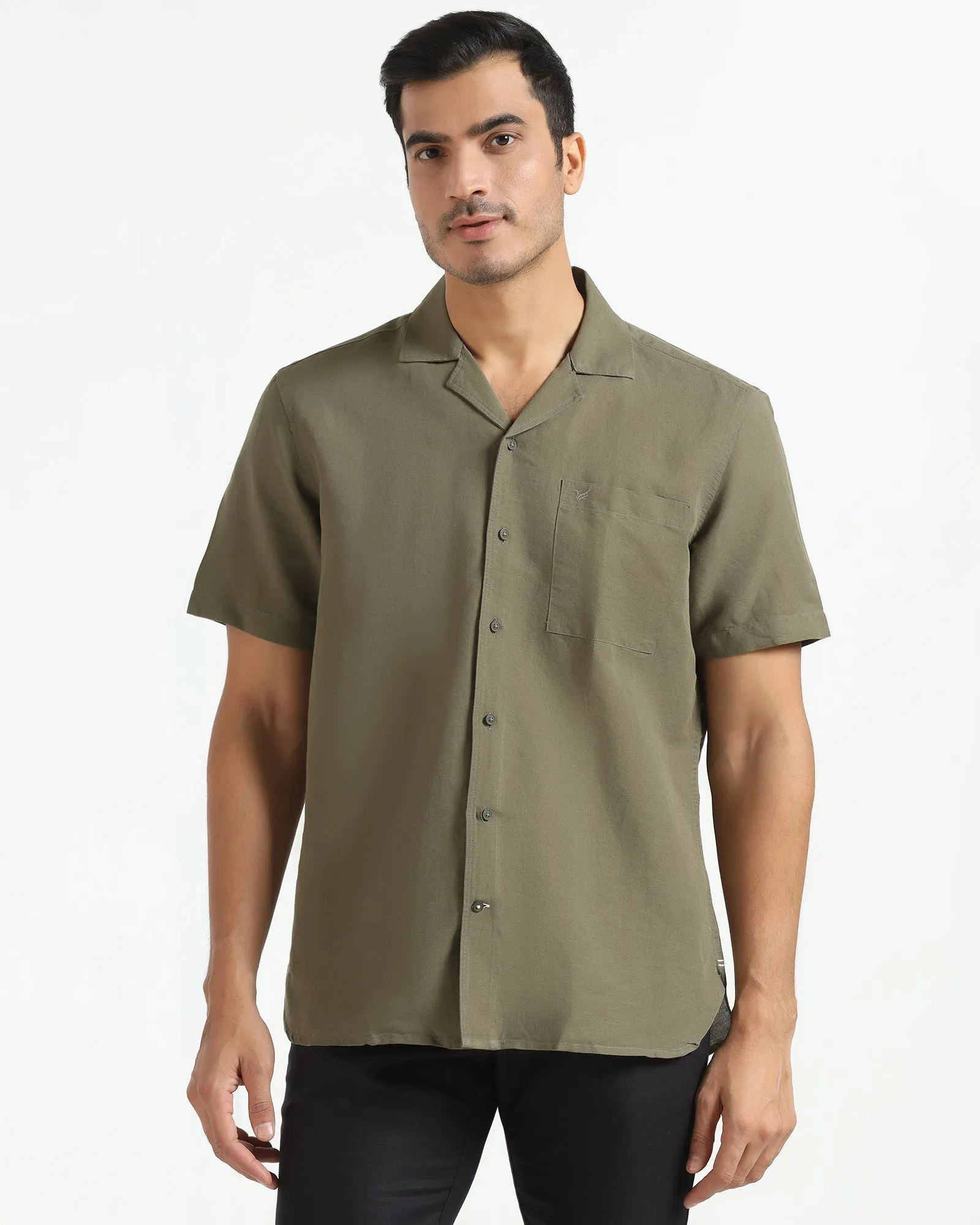 Timeless Classic Olive Linen Half Sleeve Solid Shirt - Maison