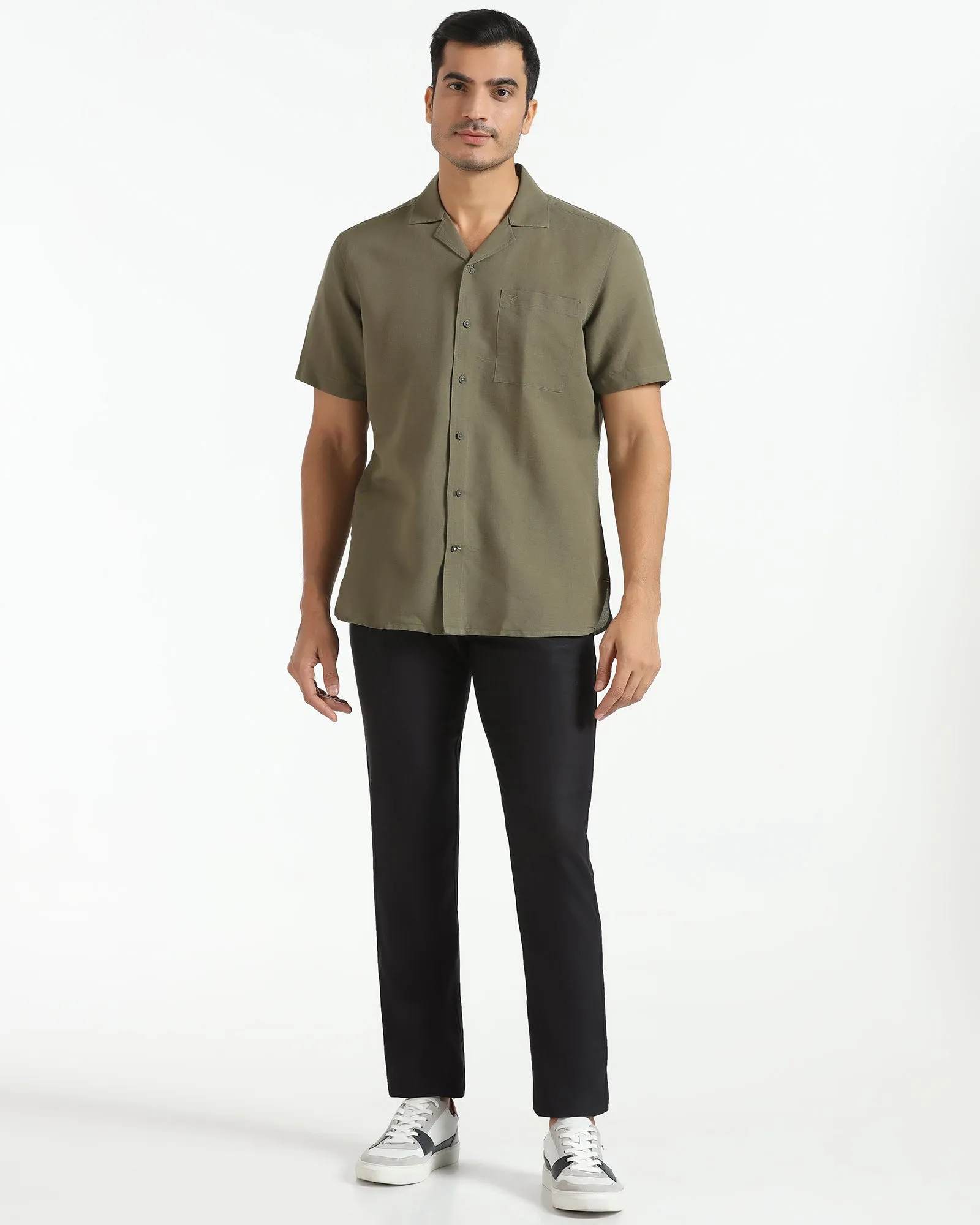 Olive Linen Half Sleeve Solid Shirt - Maison BBQ Party Textured Finish