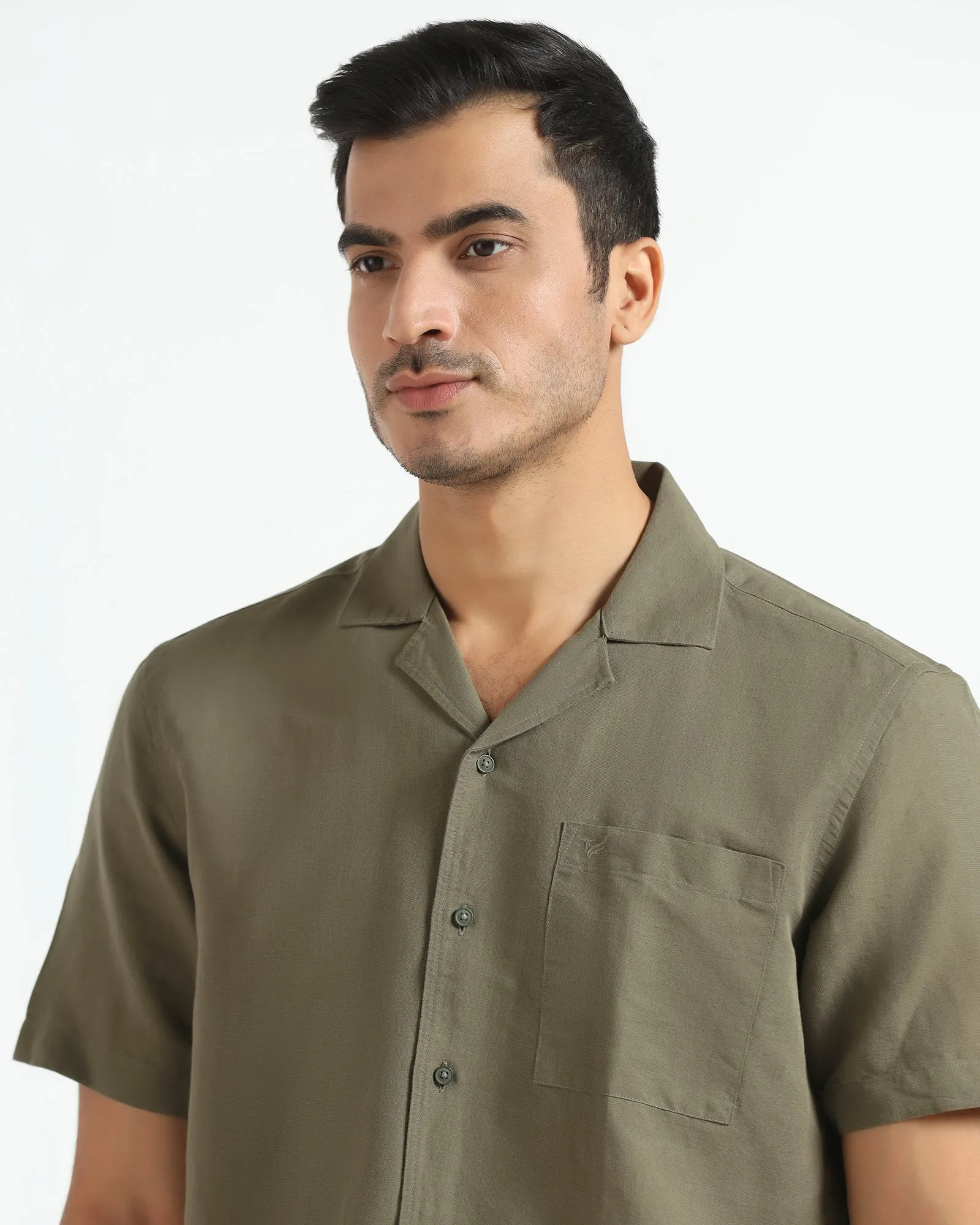 Eco Friendly Production Thermoregulating Layer Olive Linen Half Sleeve Solid Shirt - Maison