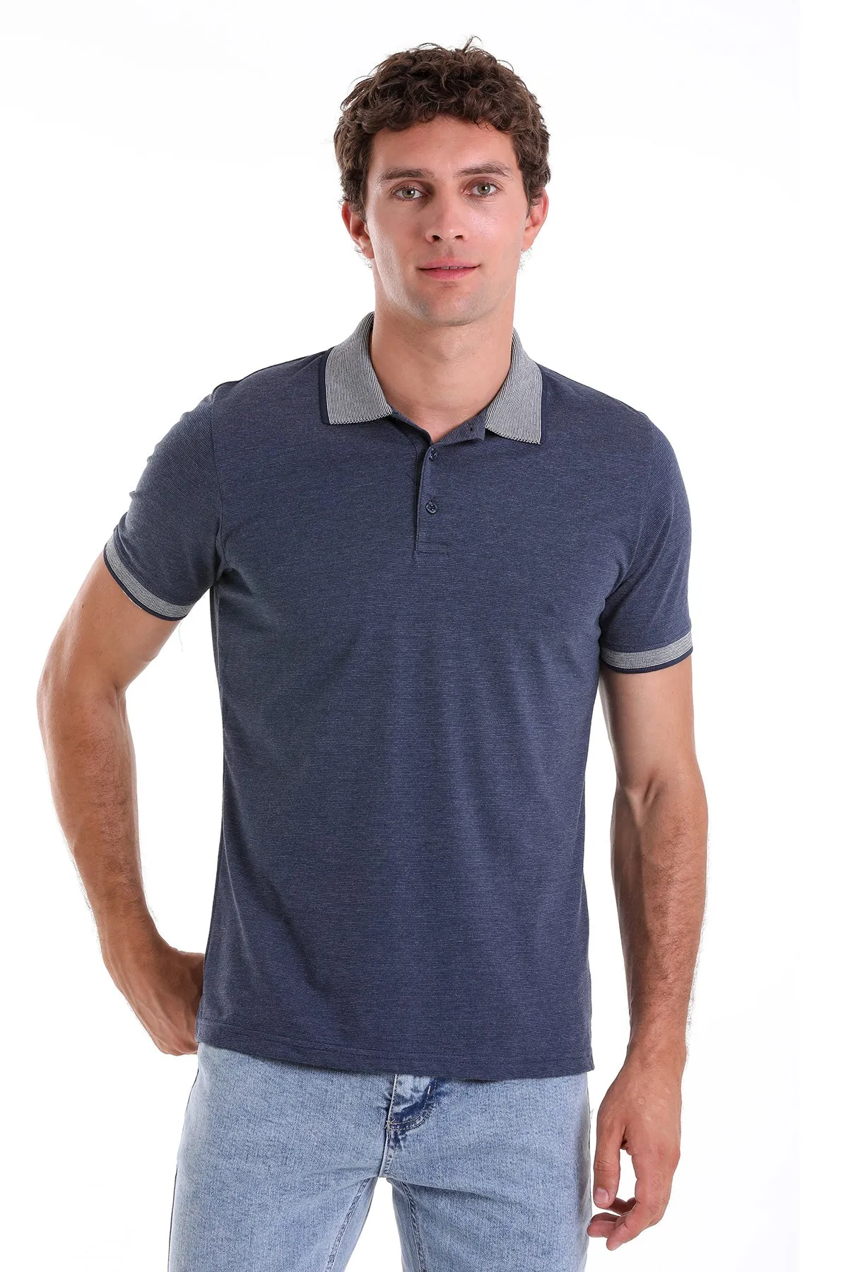Regular Fit Cotton Blend Indigo Polo T-Shirt LowMaintenance Fabric Slim Fit Style
