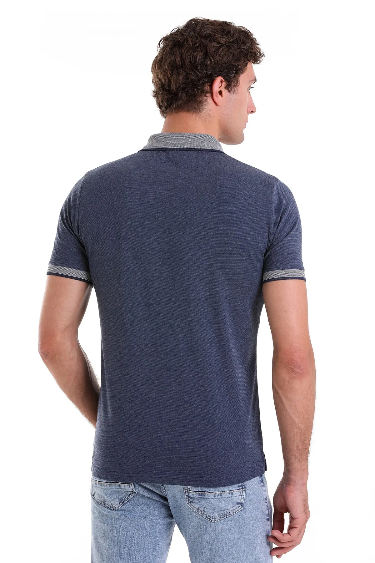 Bound Edge Detailing Fitted Top Regular Fit Cotton Blend Indigo Polo T-Shirt