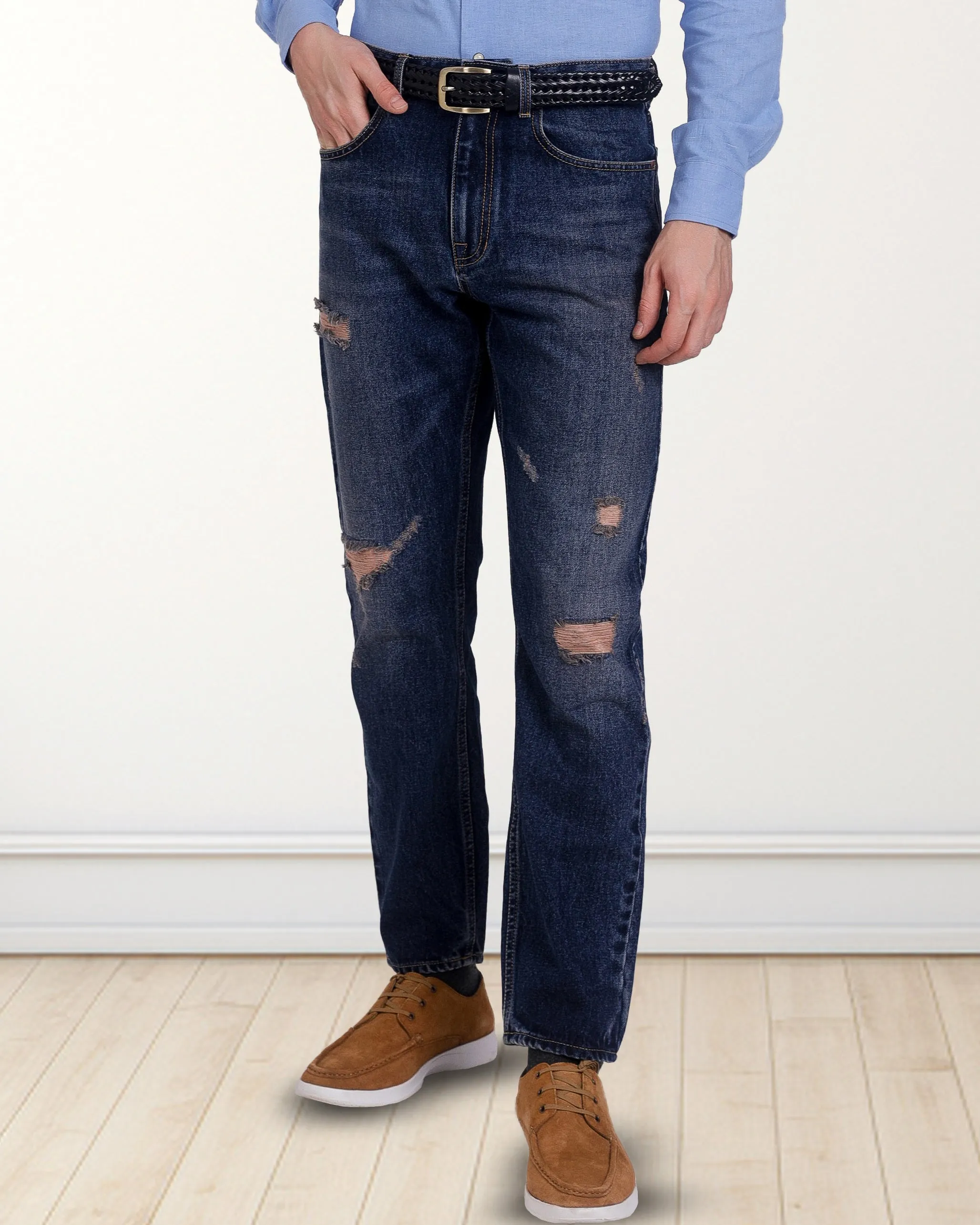Sustainable Weekend Getaway Faded Medium Indigo Washed Distressed Jeans