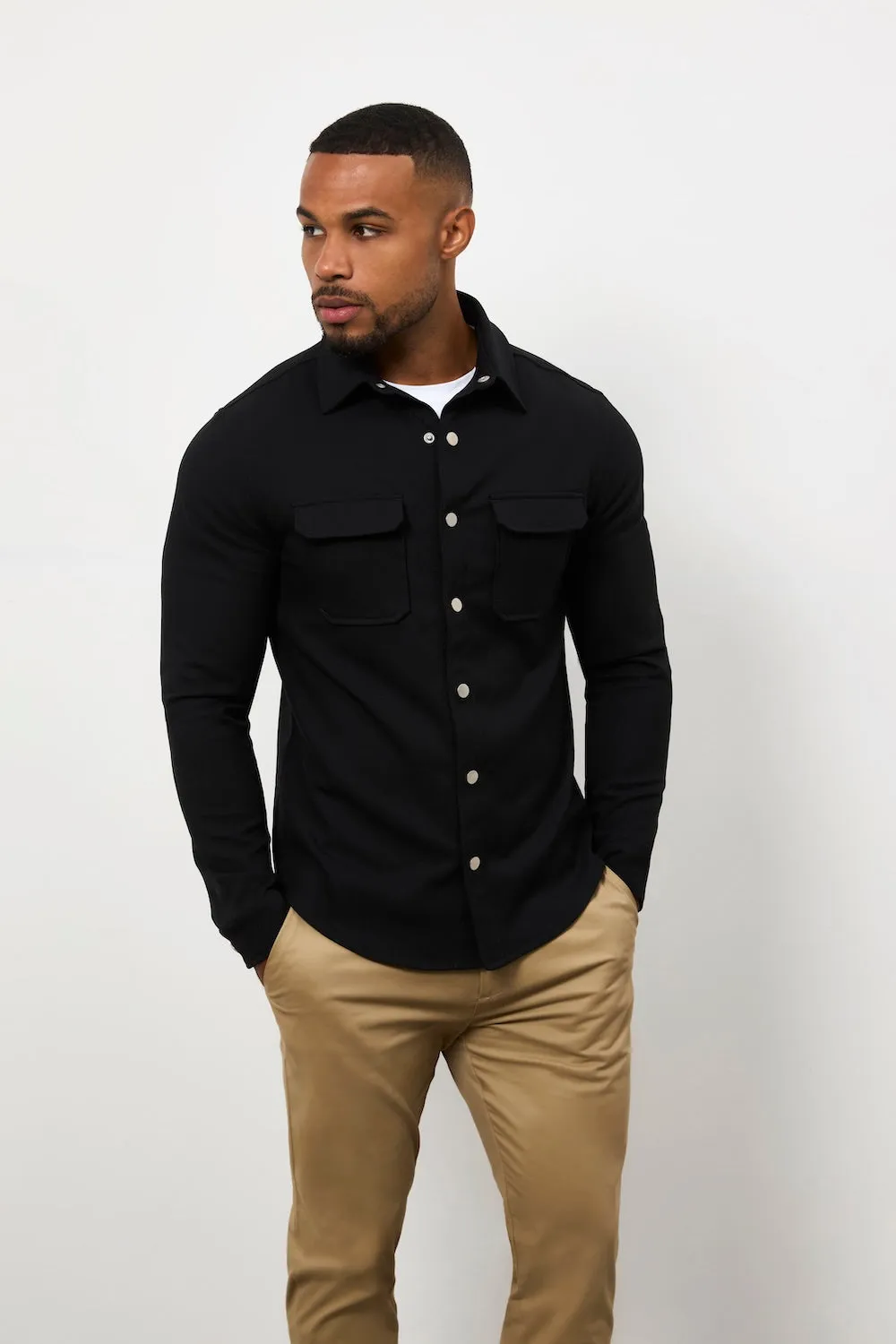 Sustainable Manufacturing Process Woven Popper Overshirt in Black