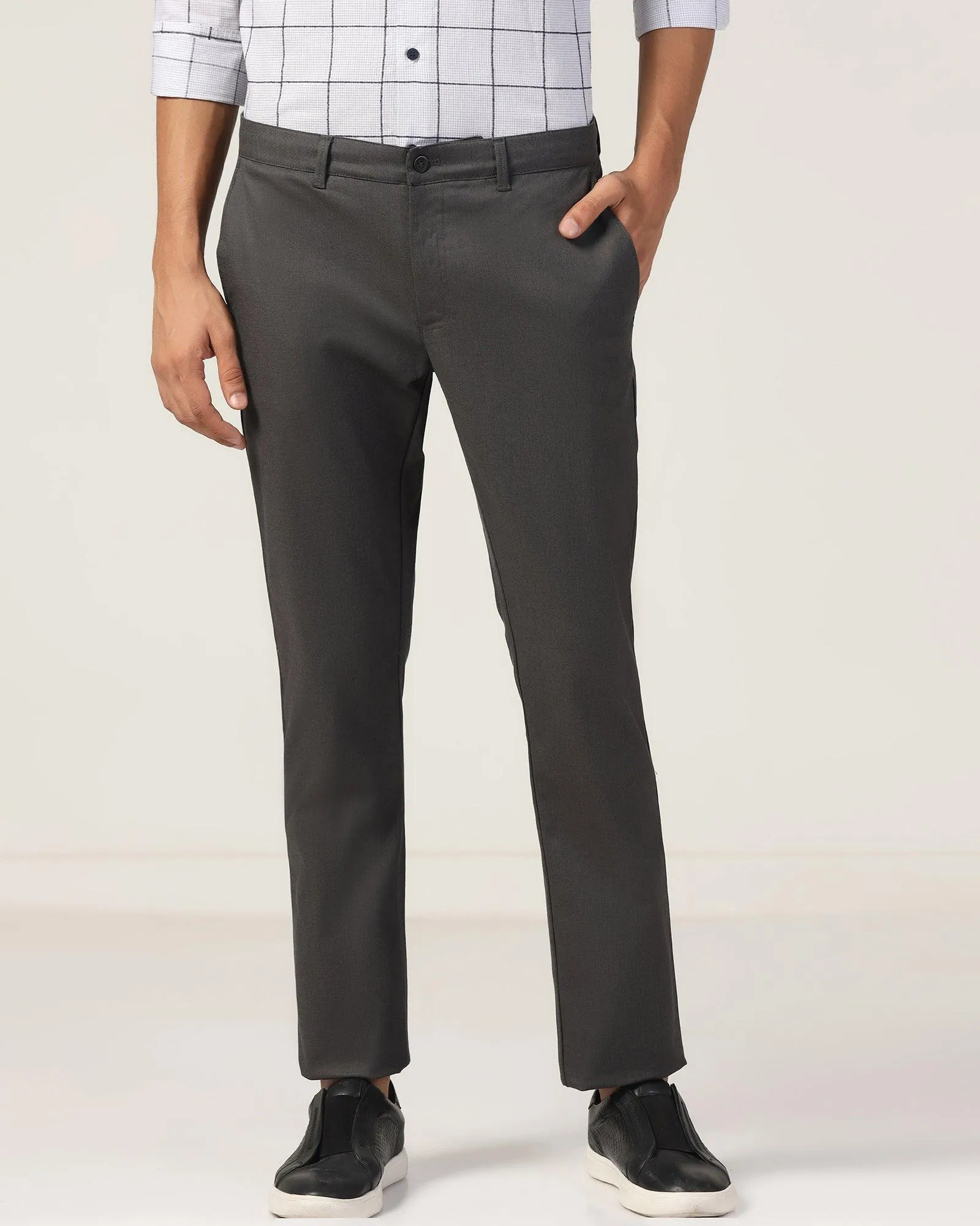 Reinforced Stitching ElasticWaist Slim Comfort B-95 Casual Black Solid Khakis - Zimo