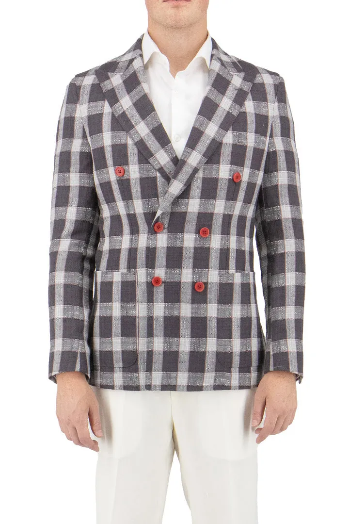 Tiglio Luxe Gray with White and Red Windowpane Santorini /THP Slim Fit Half Lined, Pure Wool Jacket TL2623 Calm Day Fit