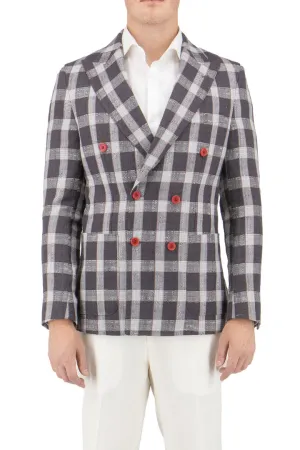 Tiglio Luxe Gray with White and Red Windowpane Santorini /THP Slim Fit Half Lined, Pure Wool Jacket TL2623 Friction Reducing Lining