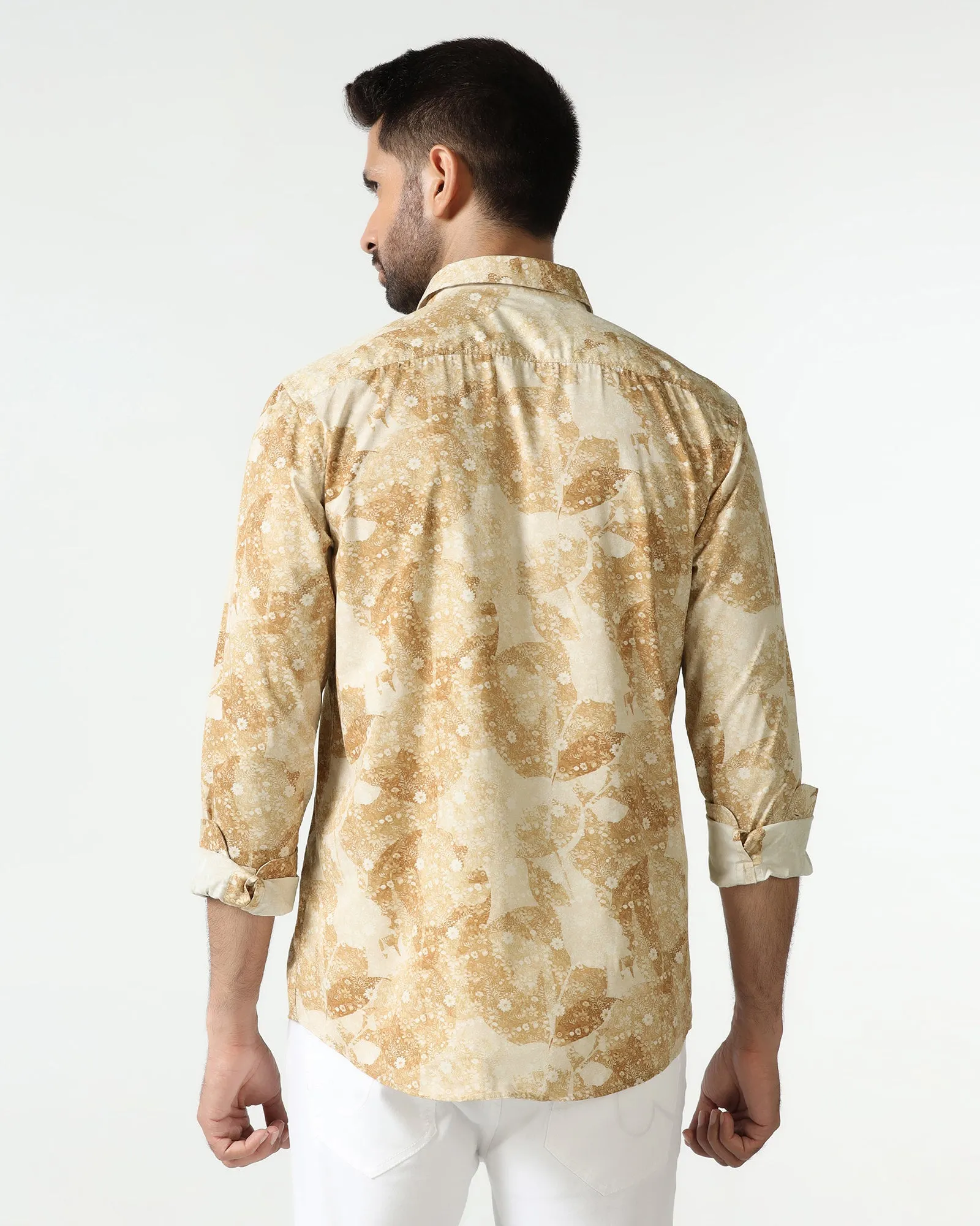 Modern Fit Round Collar Beige Printed Shirt - Mose
