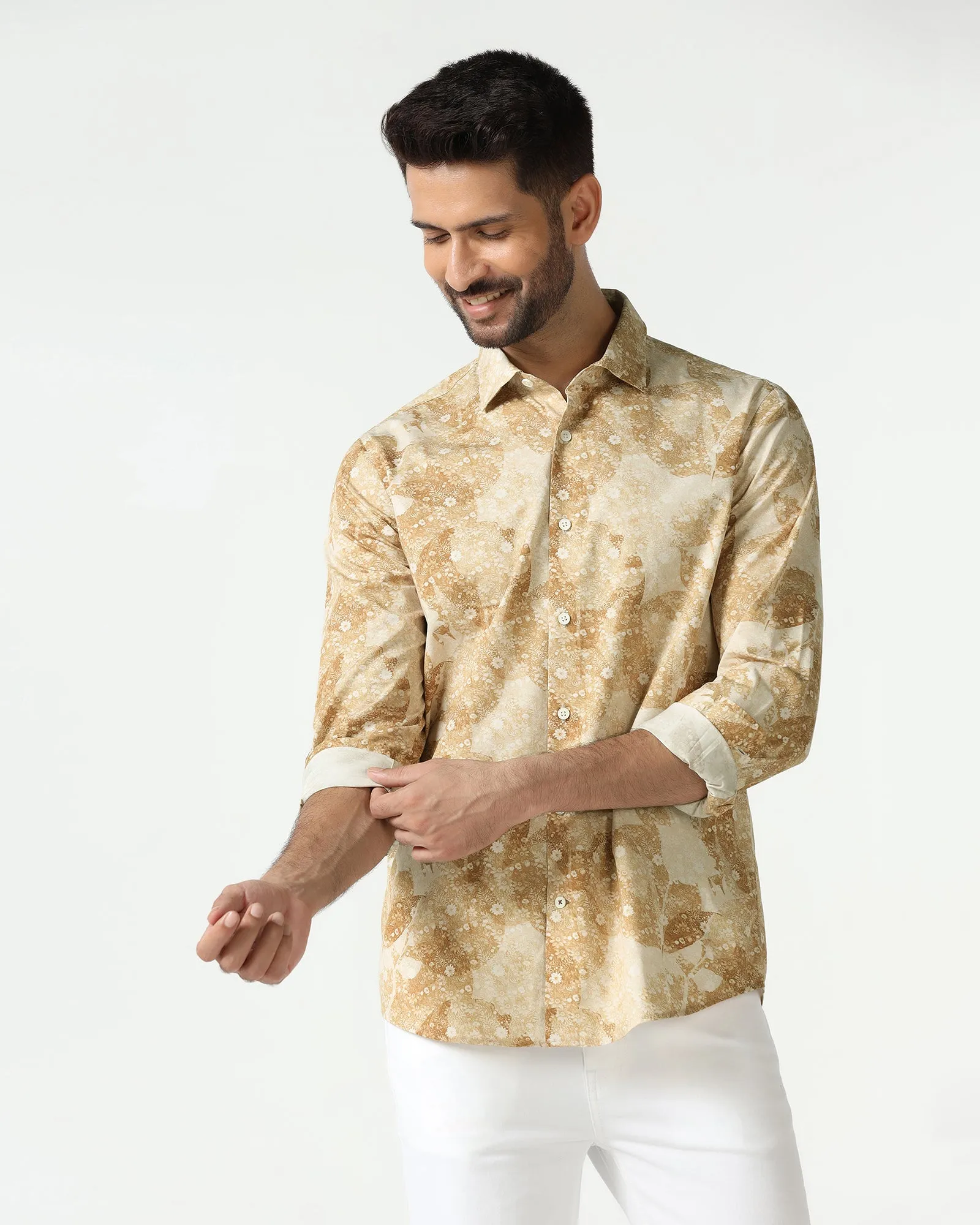 Beige Printed Shirt - Mose Floral Motif No Slip Shoulder Grips