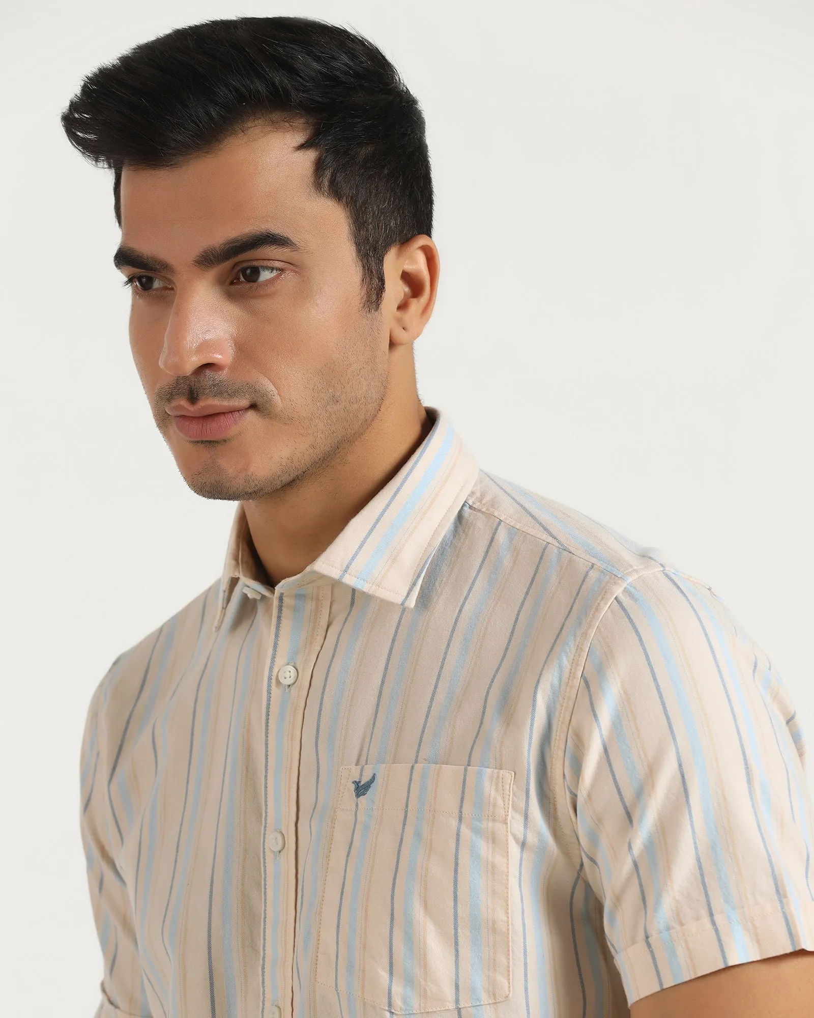 Warm Layers high-low hem Casual Half Sleeve Beige Stripe Shirt - masami