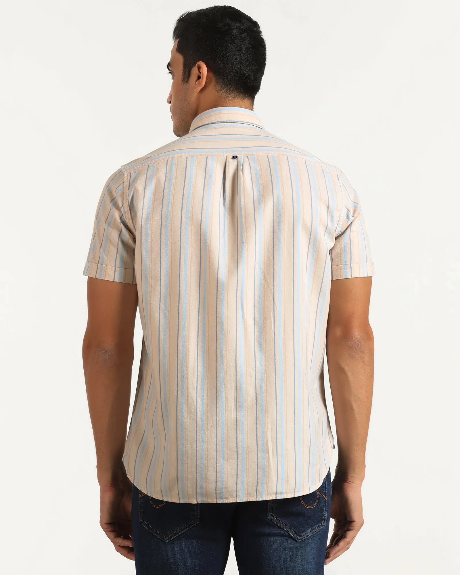 Casual Half Sleeve Beige Stripe Shirt - masami Street Style