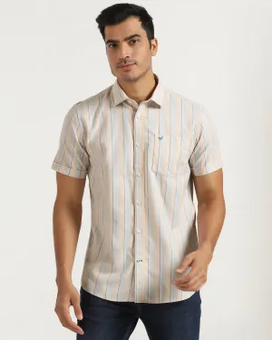 Gift Idea Casual Half Sleeve Beige Stripe Shirt - masami