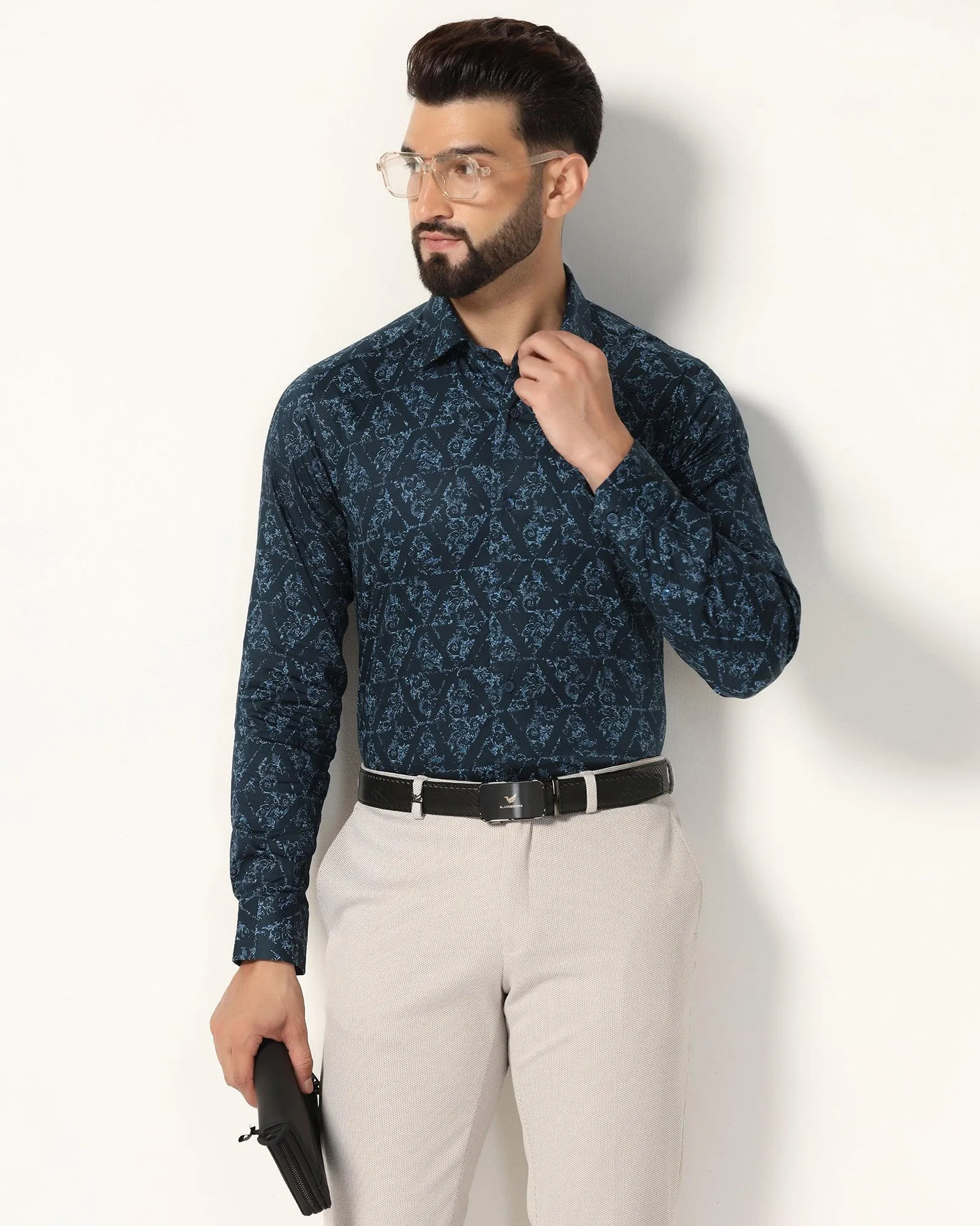Formal Blue Printed Shirt - Burro Denim Blend Customizable Design