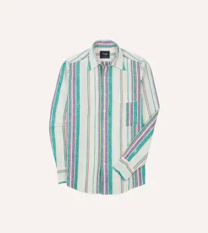 Modern Look Ecru, Purple and Green Stripe Linen-Cotton Long Point Collar Shirt