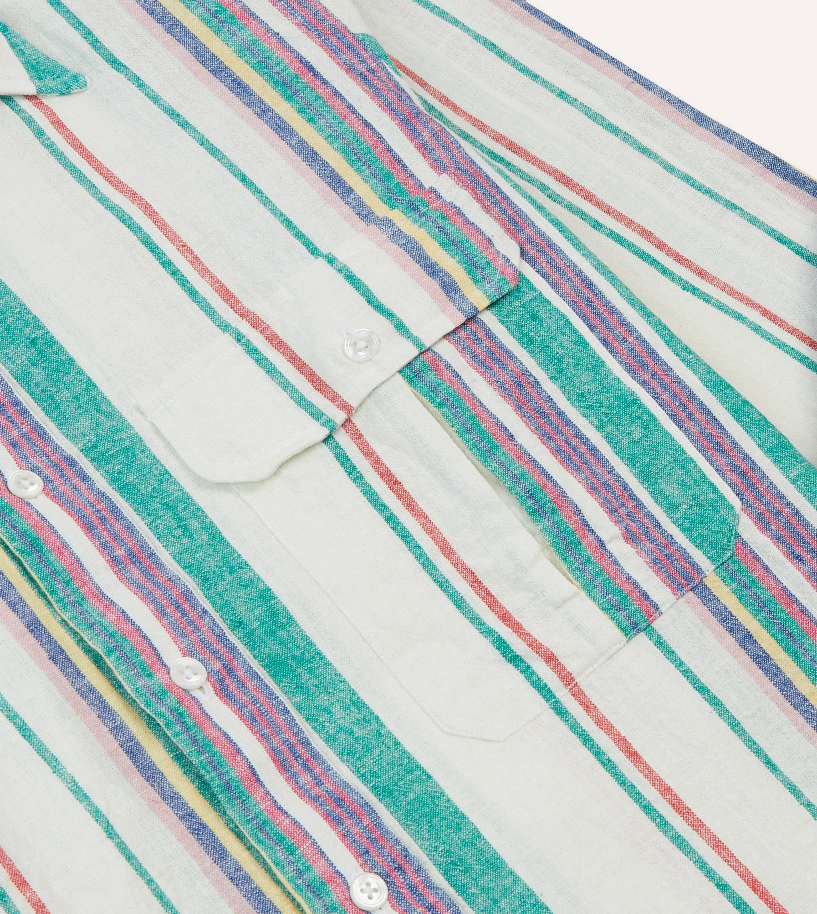 Ecru, Purple and Green Stripe Linen-Cotton Long Point Collar Shirt Midweight Textile Formal Elegance