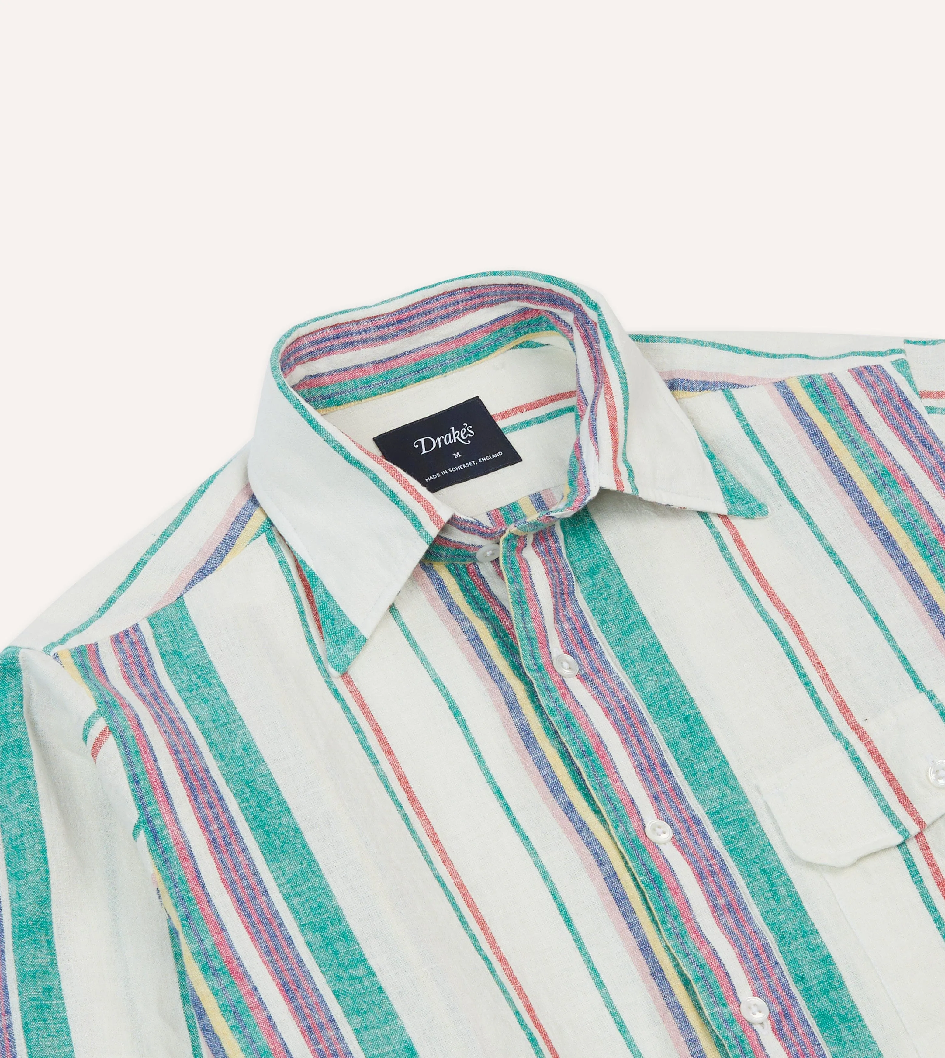 Ecru, Purple and Green Stripe Linen-Cotton Long Point Collar Shirt Vibrant color Shimmer Effect