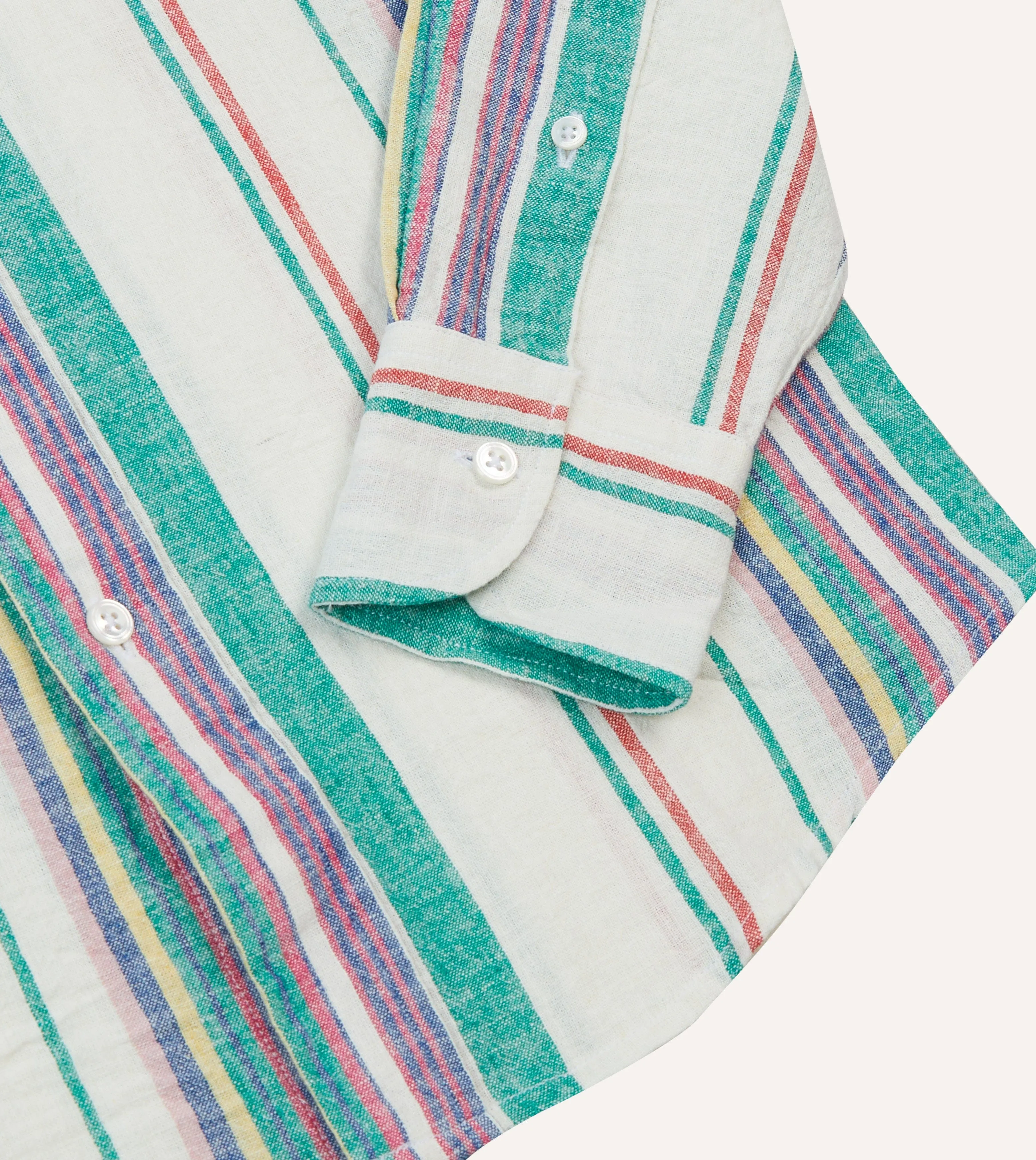 Networking Session Ecru, Purple and Green Stripe Linen-Cotton Long Point Collar Shirt