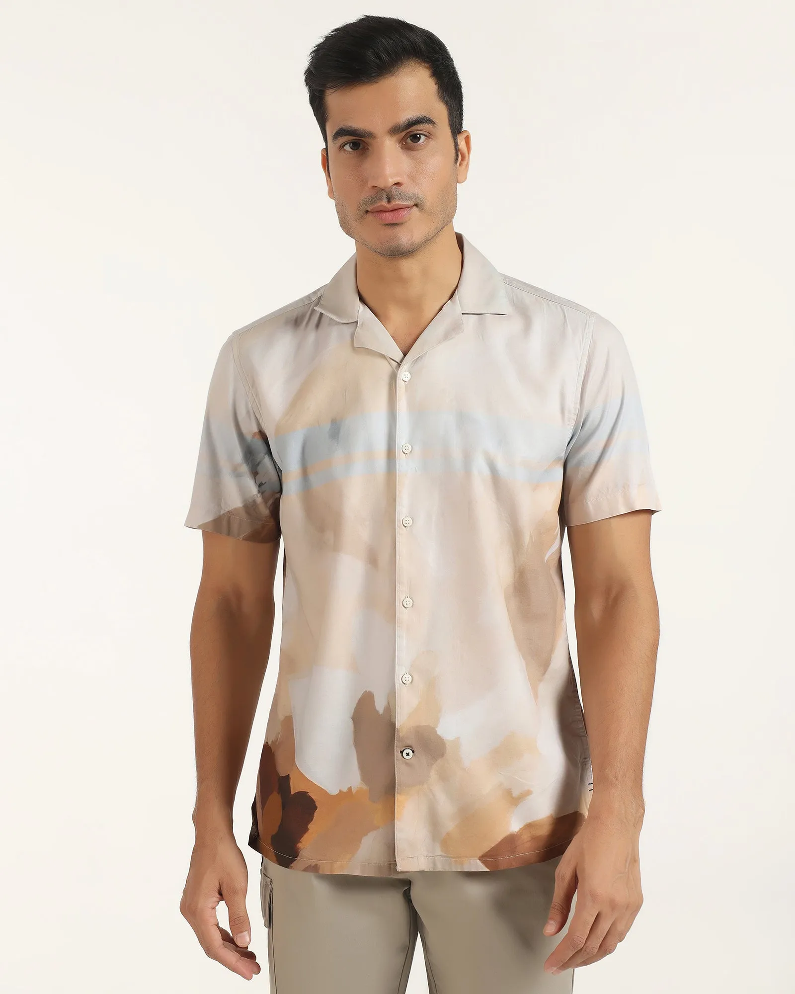 Student Essential All-Purpose Wear Linen Casual Half Sleeve Ochre Printed Shirt - Avery