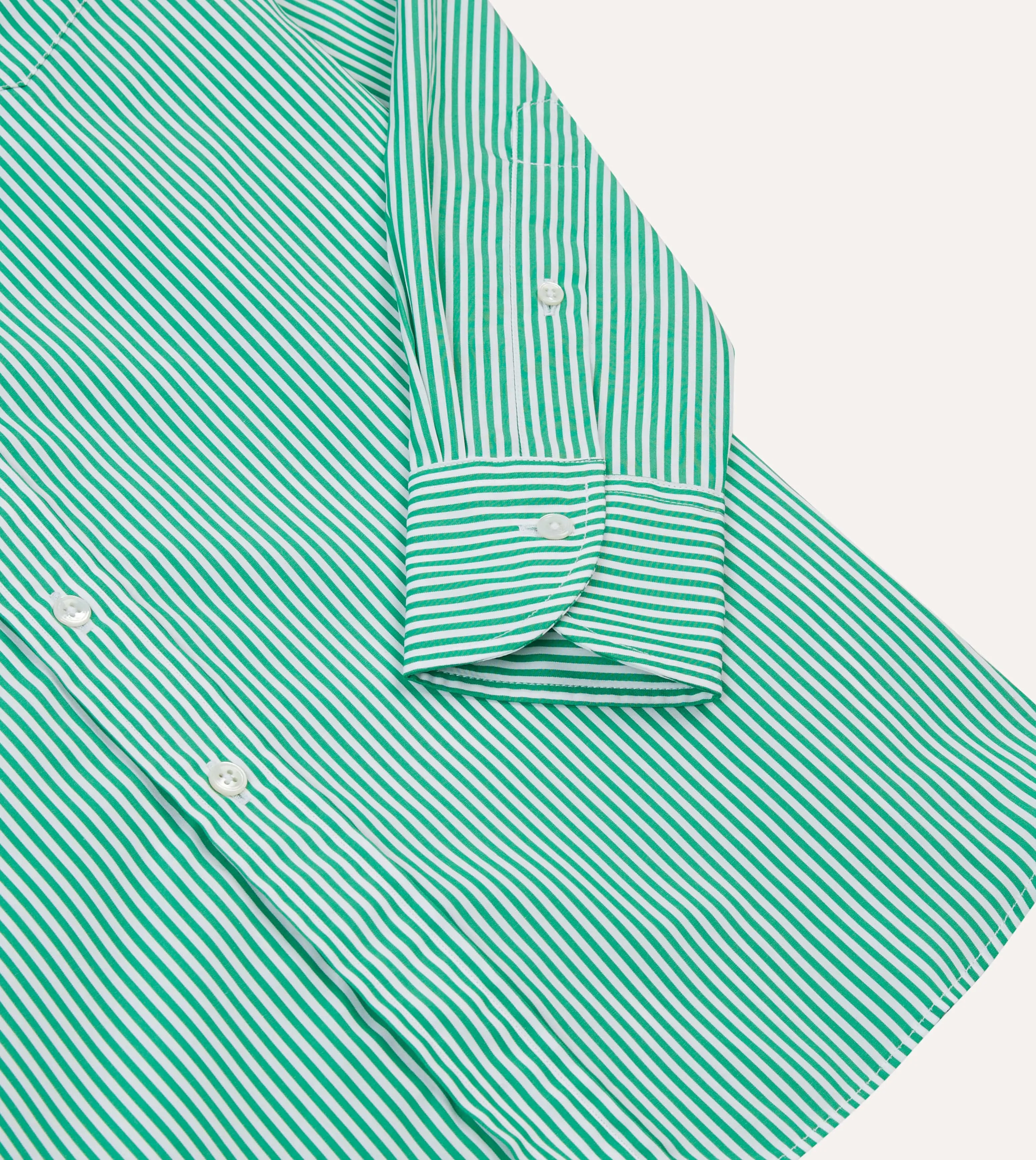 Green Narrow Stripe Cotton Poplin Button-Down Shirt Lightweight Weave