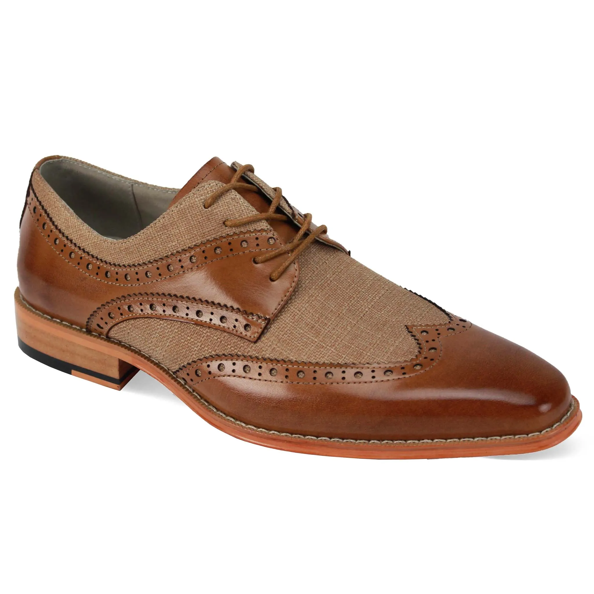 Giovanni Tan Linen Wingtip Shoe Understated Edge High Quality Leather