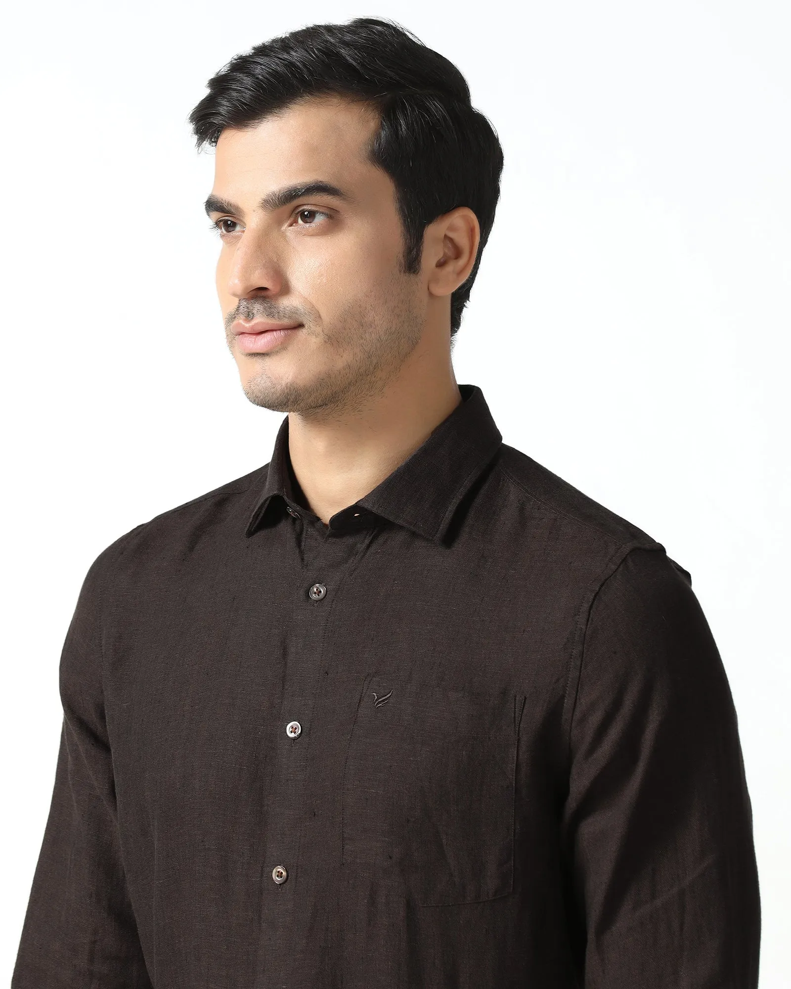 Brown Linen Solid Shirt - Bayek Structured Shoulder Support Trendsetting Design
