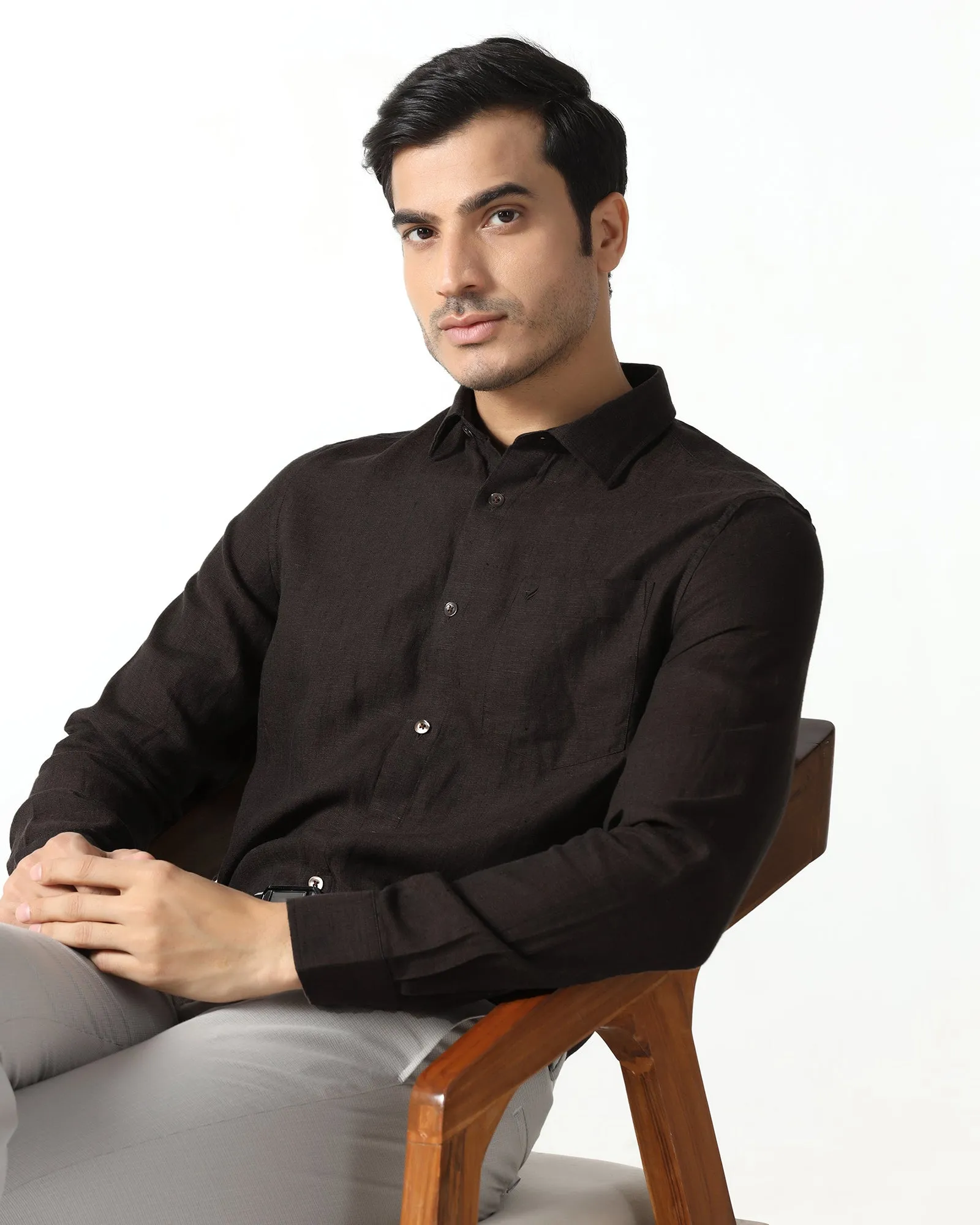 gender-neutral Brown Linen Solid Shirt - Bayek