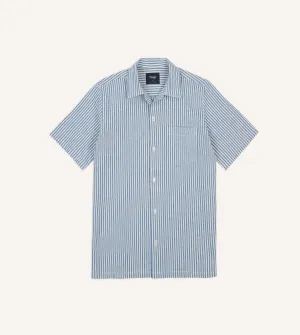 Blue and White Stripe Cotton-Linen Camp Collar Short Sleeve Shirt Quick Release Placket Flexible Knit
